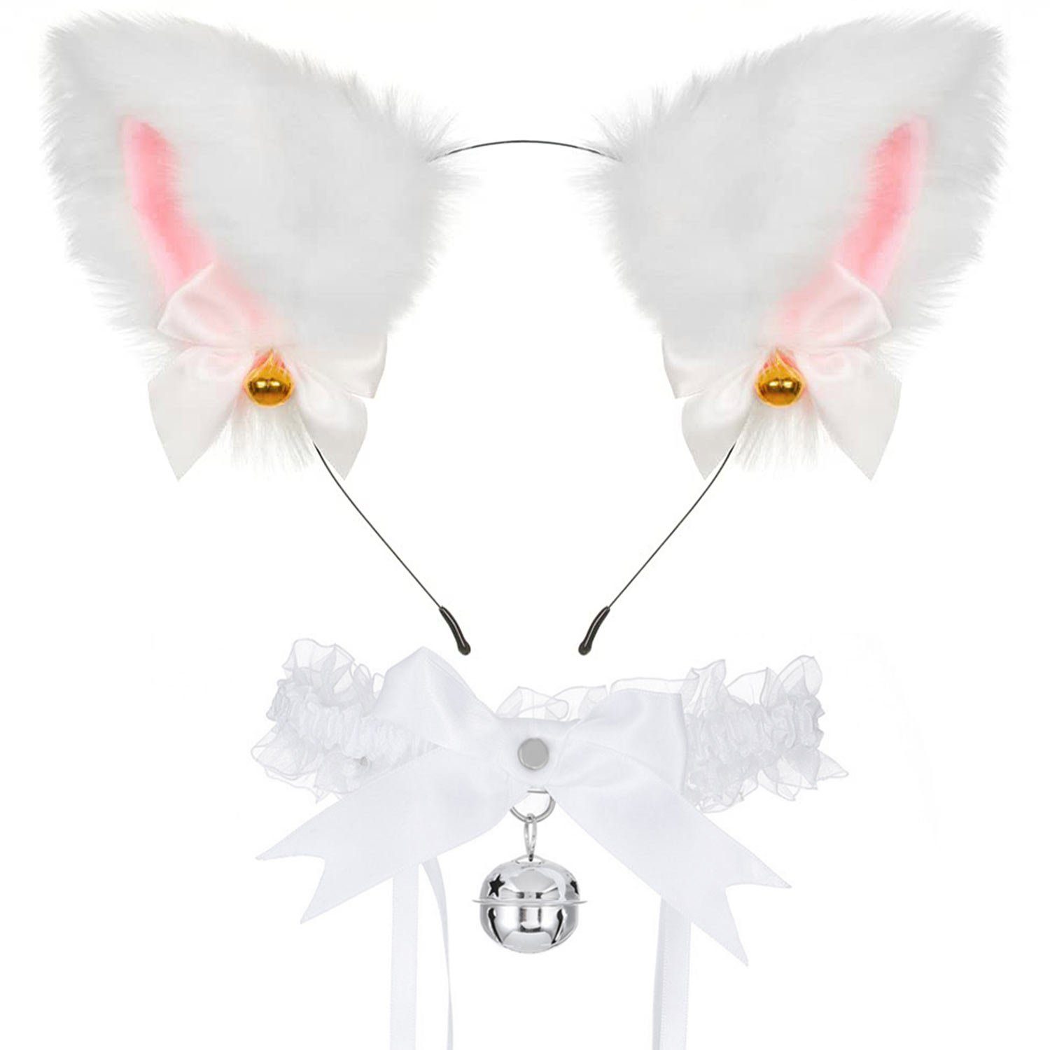 MAGICSHE Haarband Katzenohren Stirnband Mit einer Glocke, Tierisches Kunstfell,Haarzubehör Weiß (Silberglocke)