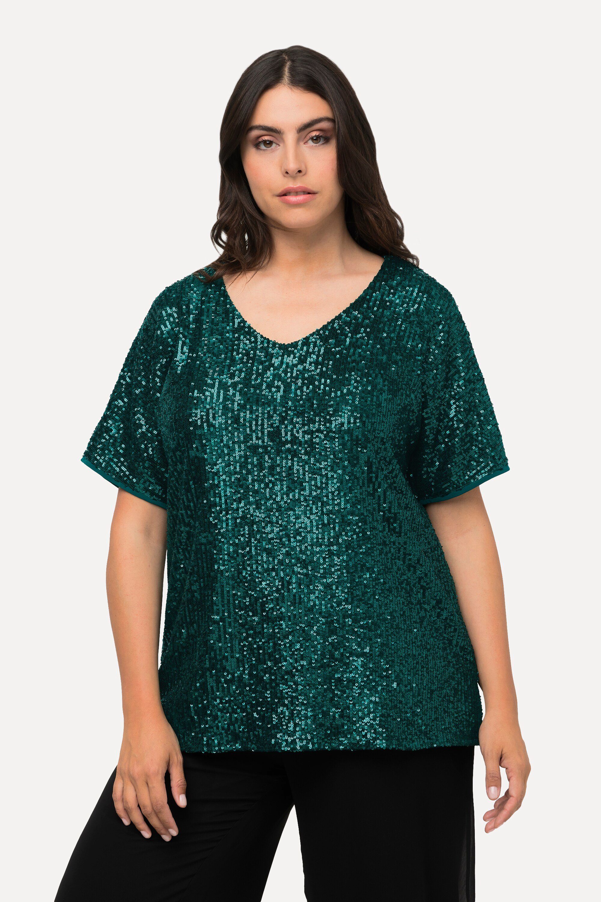 Ulla Popken T-Shirt Pailletten-Shirt Oversized V-Ausschnitt günstig online kaufen