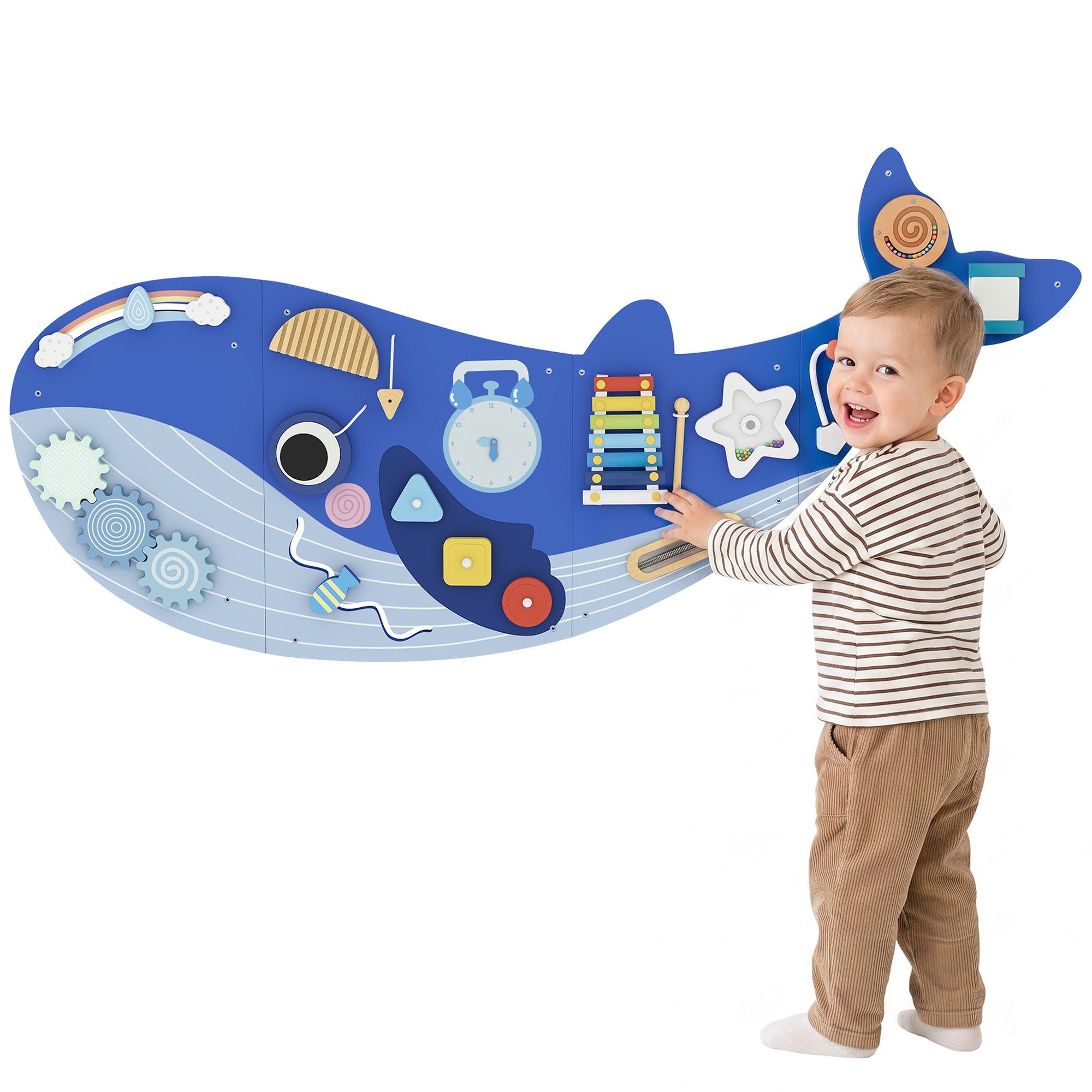 AIYAPLAY Lernspielzeug Montessori Motorikbrett 13-in-1 Holz Busy Board in Waleform Wand (mit Xylophon Uhr Zahnrädern Blöcken, 1-St., Activity Board Spielzeug), Für Kinder Mädchen ab 2 Jahr