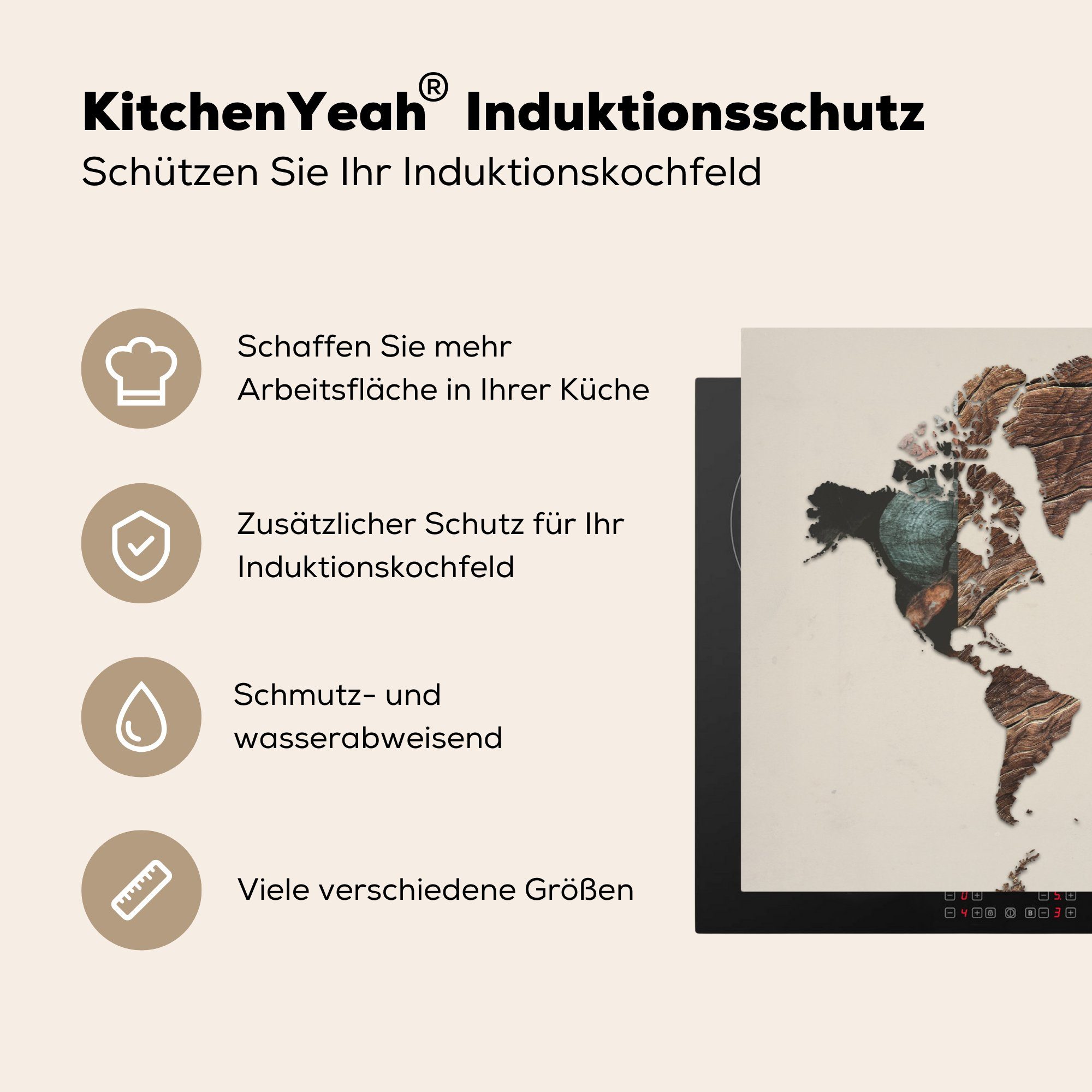 MuchoWow Herdblende-/Abdeckplatte Weltkarte - Holz - Braun, Schutz (1 für Ceranfeldabdeckung cm, küche, Induktionskochfeld tlg), 81x52 Vinyl, die