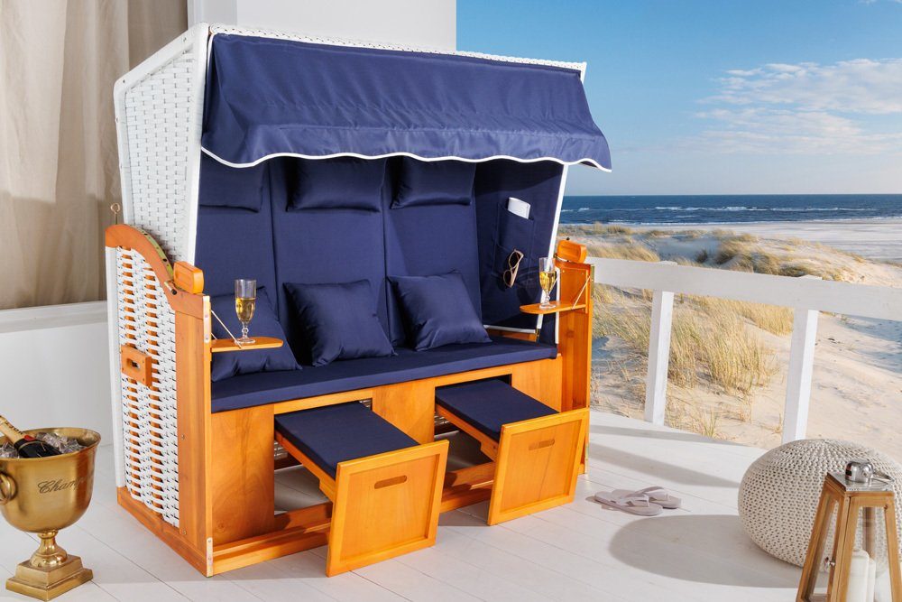 riess-ambiente Strandkorb OSTSEE 150cm blau / weiß, BxTxH: 150x72x149 cm, Volllieger, Ostsee-Modell, (Einzelartikel, 1-tlg), XXL · 3-Sitzer · Garten · Liegestuhl · Outdoor