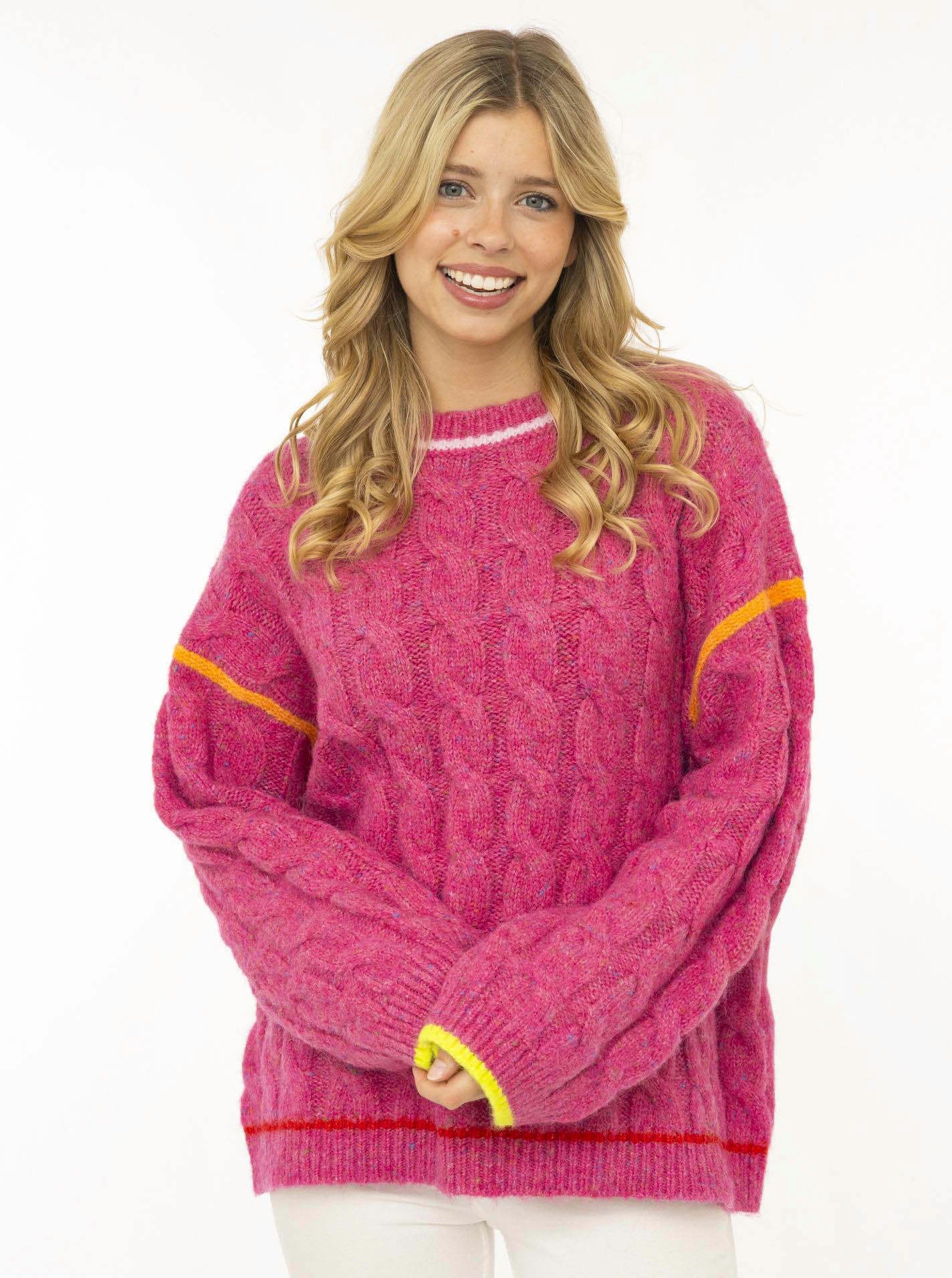 Zwillingsherz Strickpullover "Colourful Cable" Zopfmuster, Neondetails, oversize, Rundhals, überschnittene Schulter