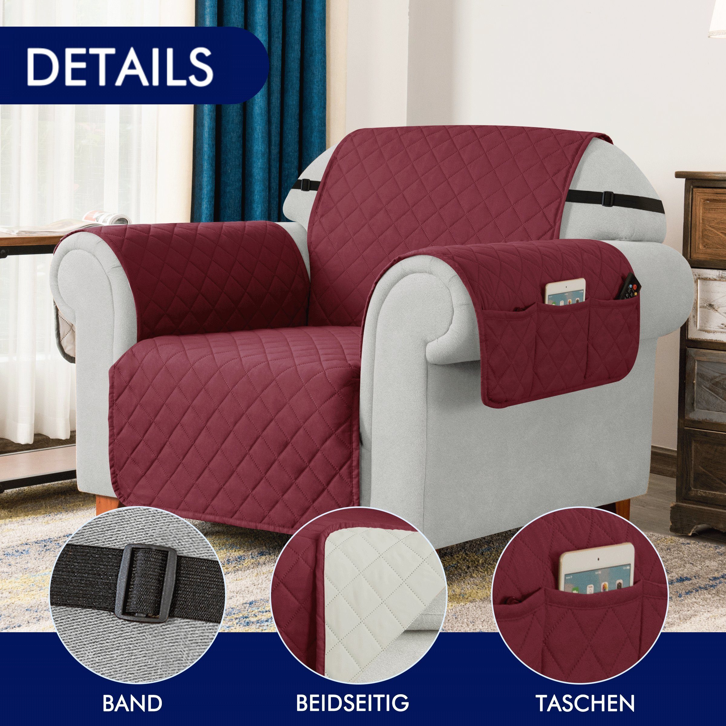Seitentaschen weinrot Sofahusse Stuhlüberzüge Sofas, Wohnzimmer mit SUBRTEX, Gesteppt Sofabezug, für