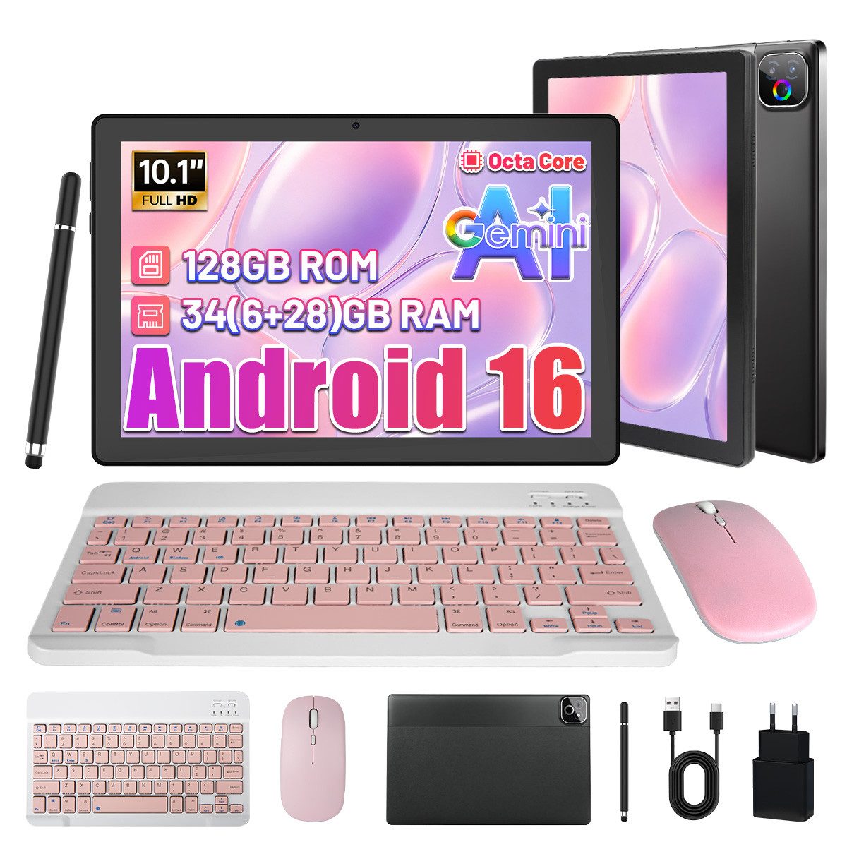 Happybe 10,1'' Octa-Core, 6000 mAh, HD 1280x800, 34GB/36GB RAM, 128GB/256GB Tablet (10.1", Android, Android 16, Gemini KI-Assistent, Widevine L1)
