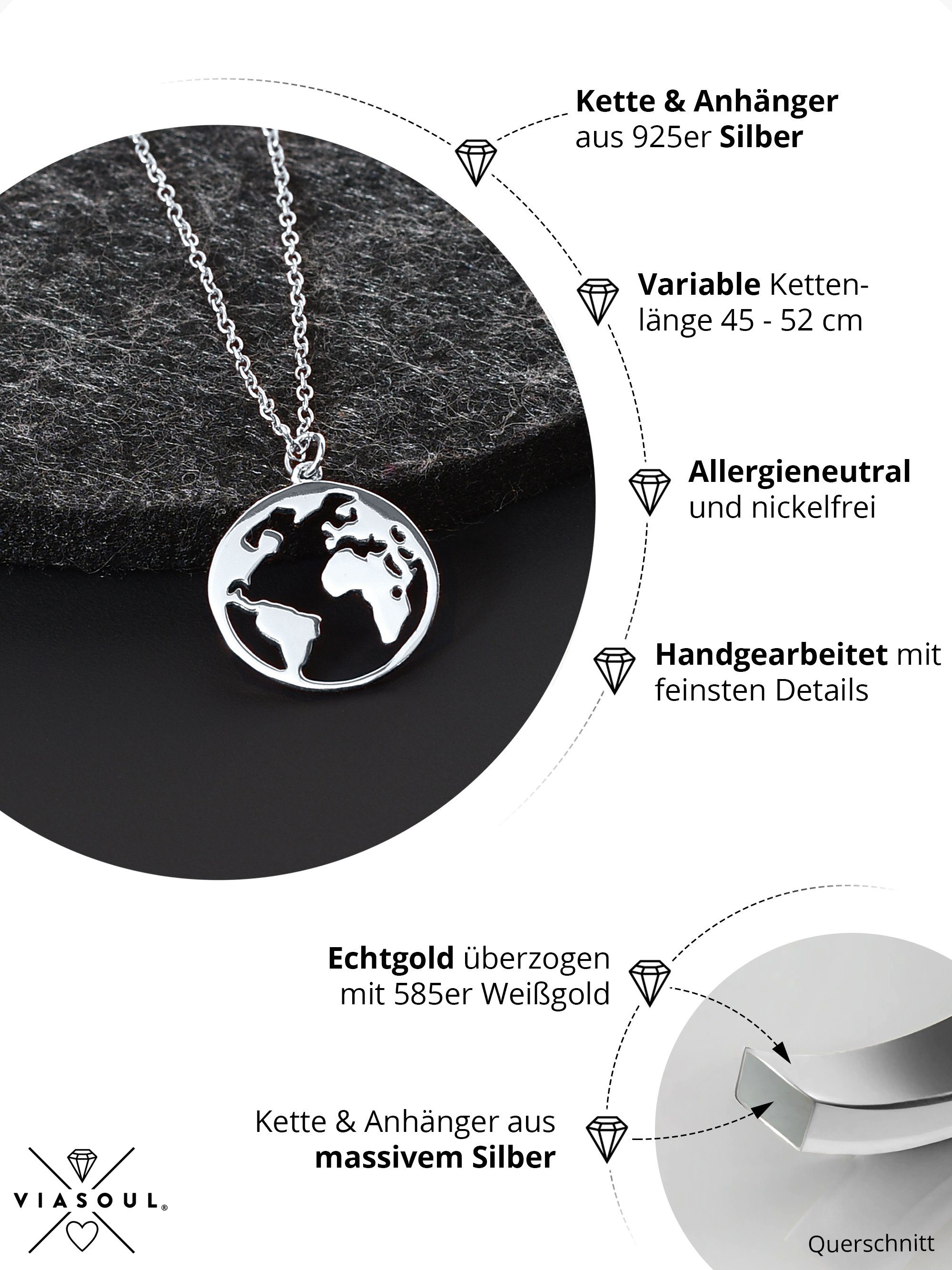 VIASOUL Kette mit Anhänger Weltkugel I Weltkarte Halskette für Damen Welt I  Mit Zertifikat, stahlender Glanz