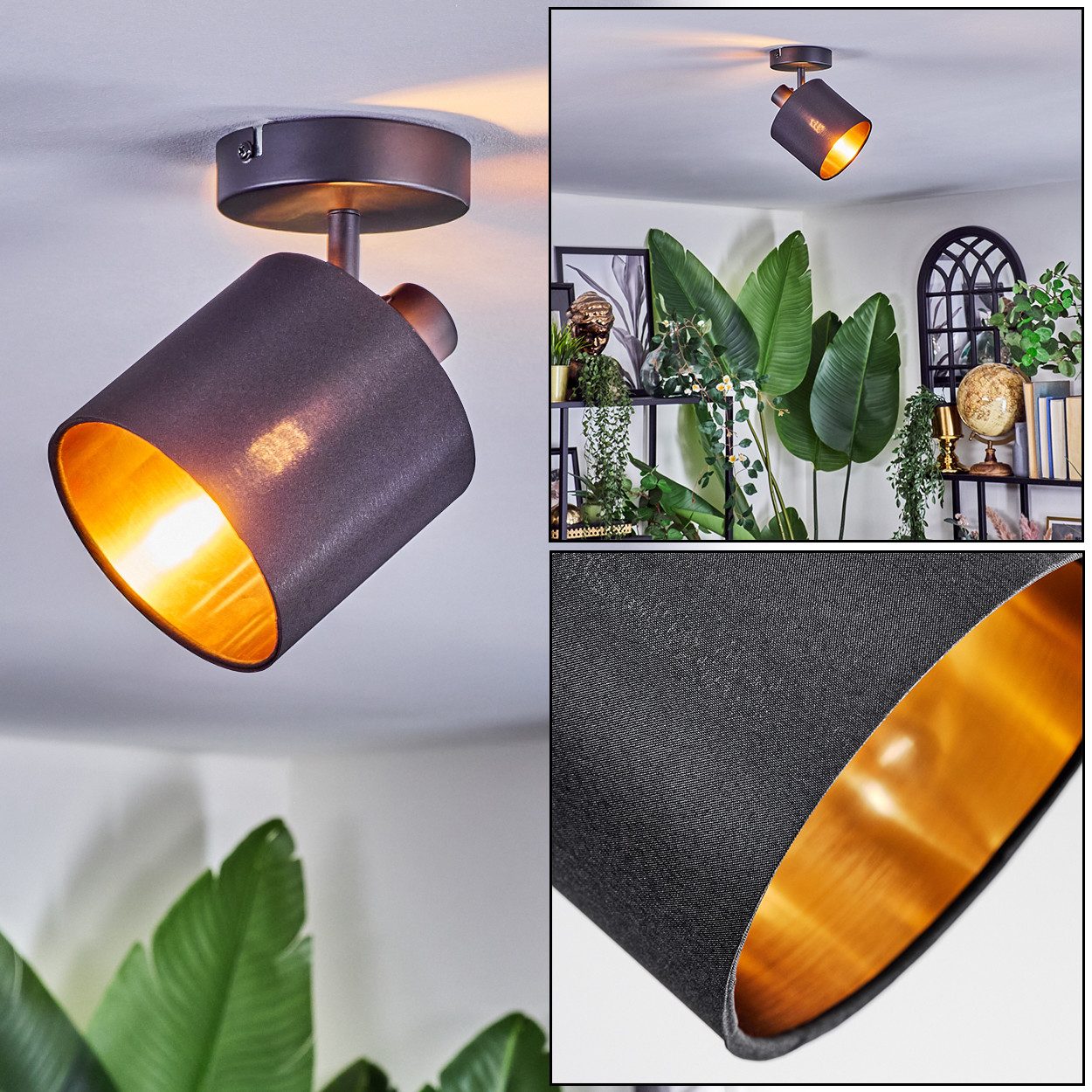 hofstein Wandleuchte Wandlampe aus Metall/Stoff in Schwarz/Kupferfarben, ohne Leuchtmittel, verstellbare Wandleuchte im modernen Design (Schirm Ø 12 cm), E14