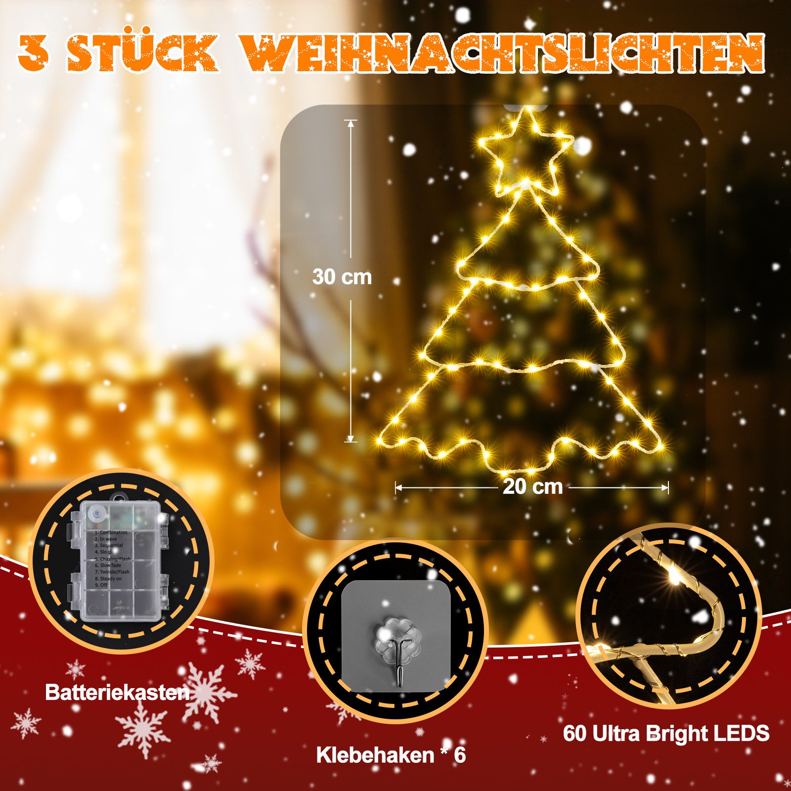 Elegear LED-Lichterkette 3er-Set LED Weihnachtsfensterbeleuchtung 20×30 cm günstig online kaufen