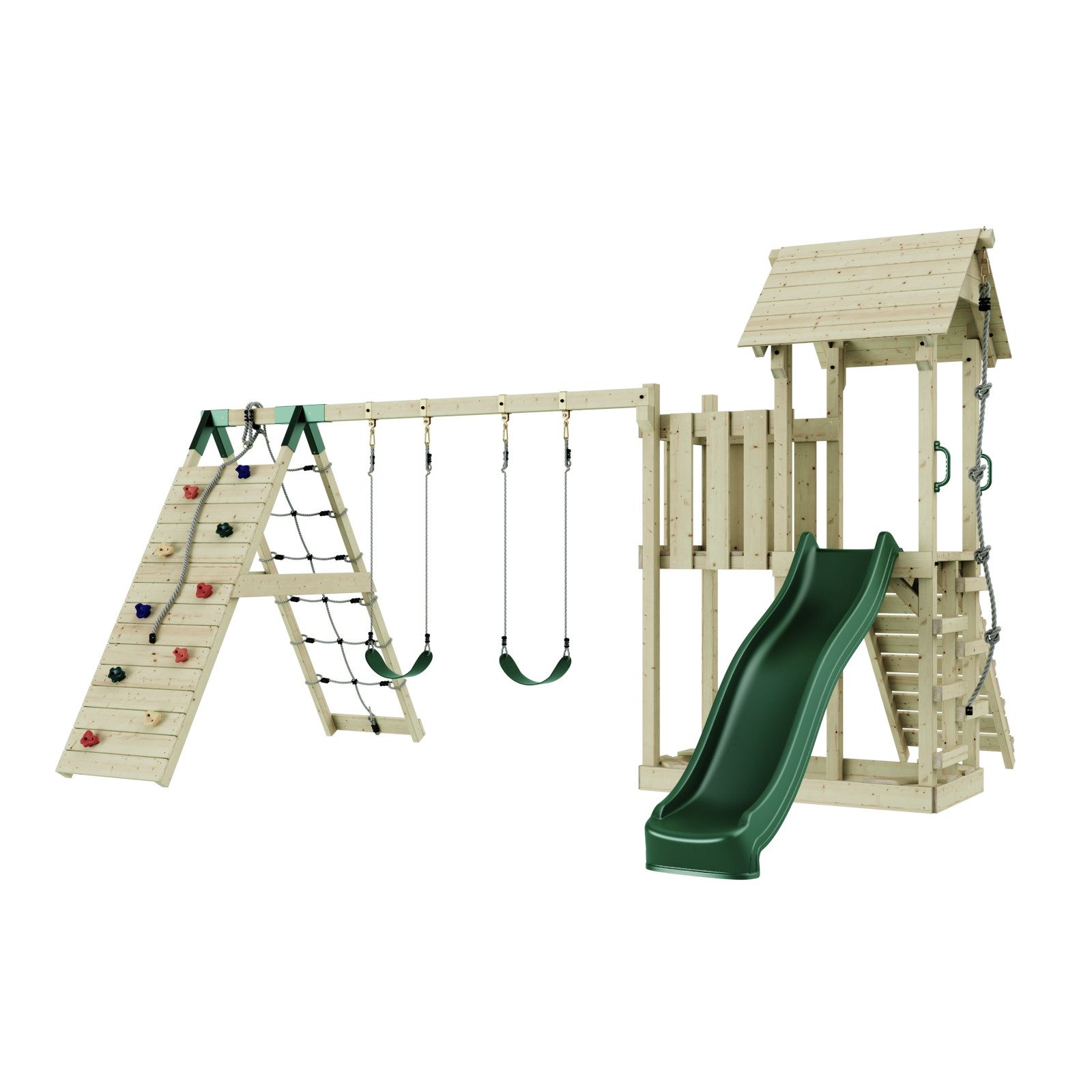 OutdoorToys Spielturm Roskilde, aus Holz in Dunkelgrün mit Kinderschaukel & Rutsche, Kletterwand
