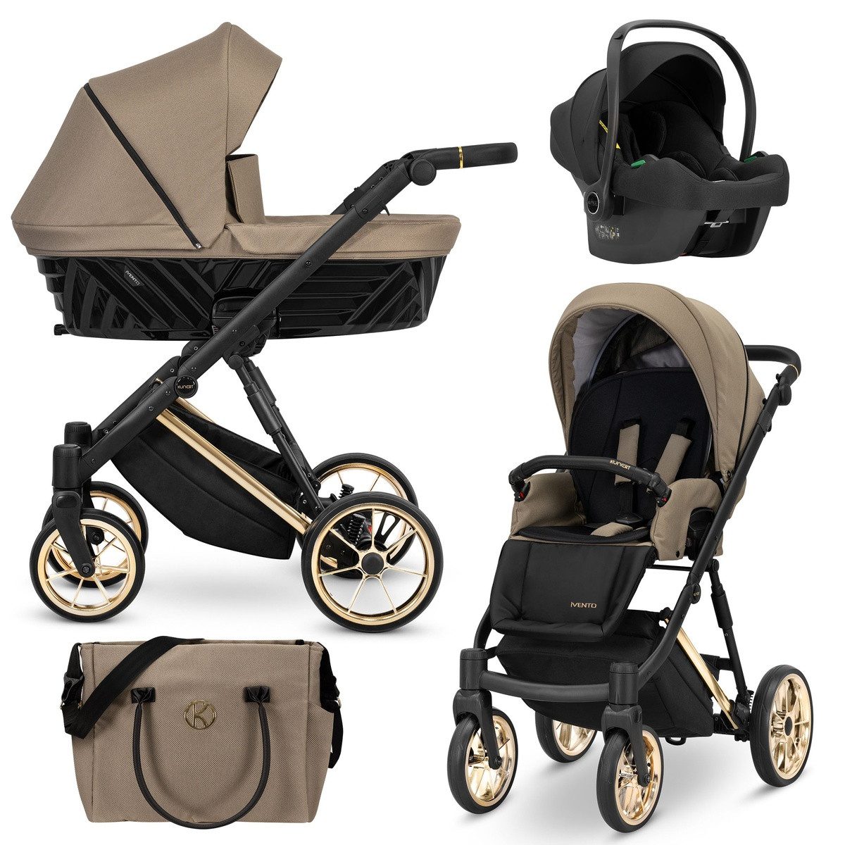 KUNERT Kombi-Kinderwagen Ivento Premium 3in1 Kinderwagen mit Goldrahmen und Zubehör, 2in1-Set mit Babywanne und Sportsitz, leichtes Aluminiumgestell