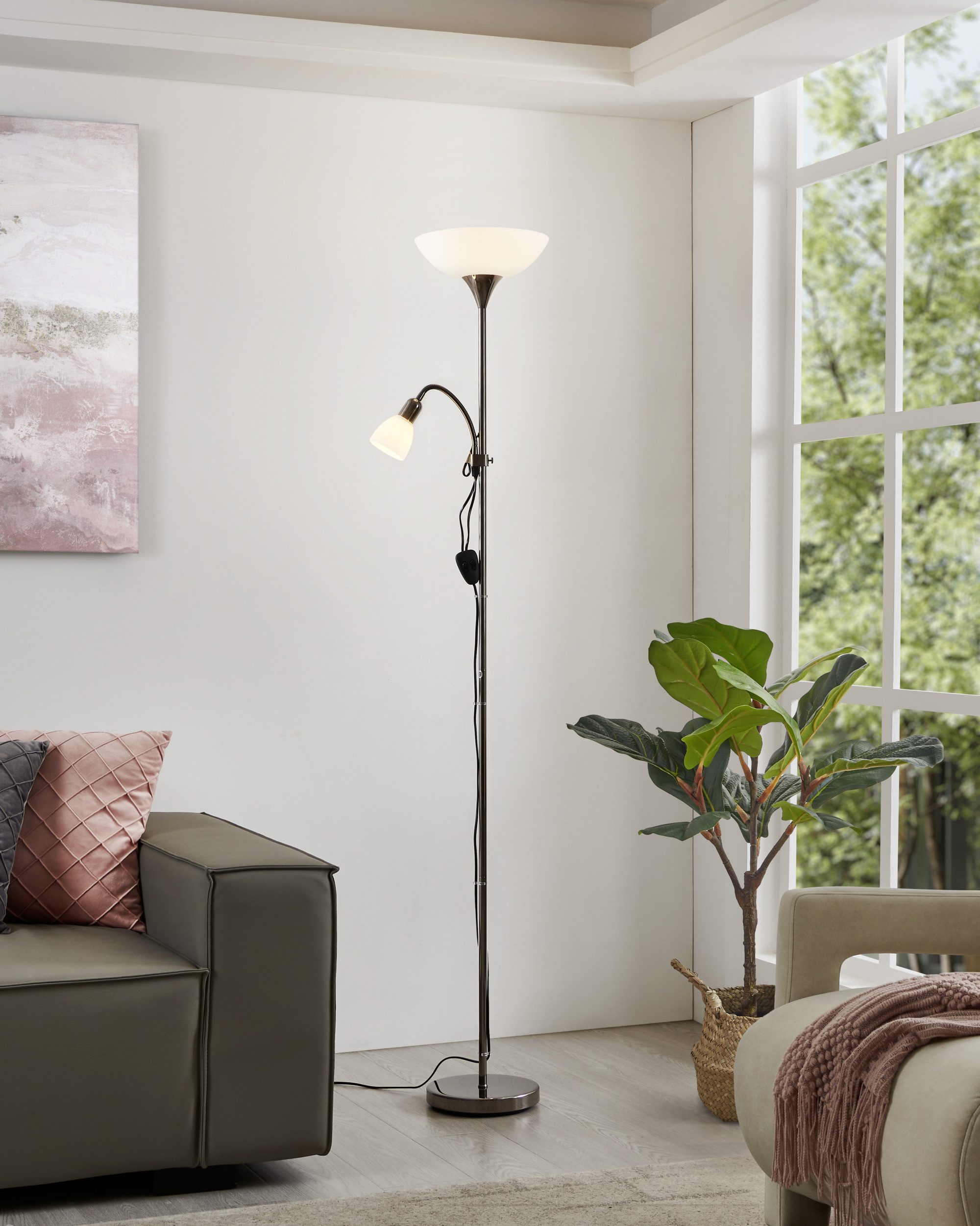 EGLO Stehlampe UP 2 Stehlampe - Stahl - E27;E14 - 1X60W;1X18W - IP20, Ein-/Ausschalter, Lesearm, ohne Leuchtmittel, Standleuchte, Leselampe, Wohzimmer, Schlafzimmer, H176,5 x Ø27,5 cm