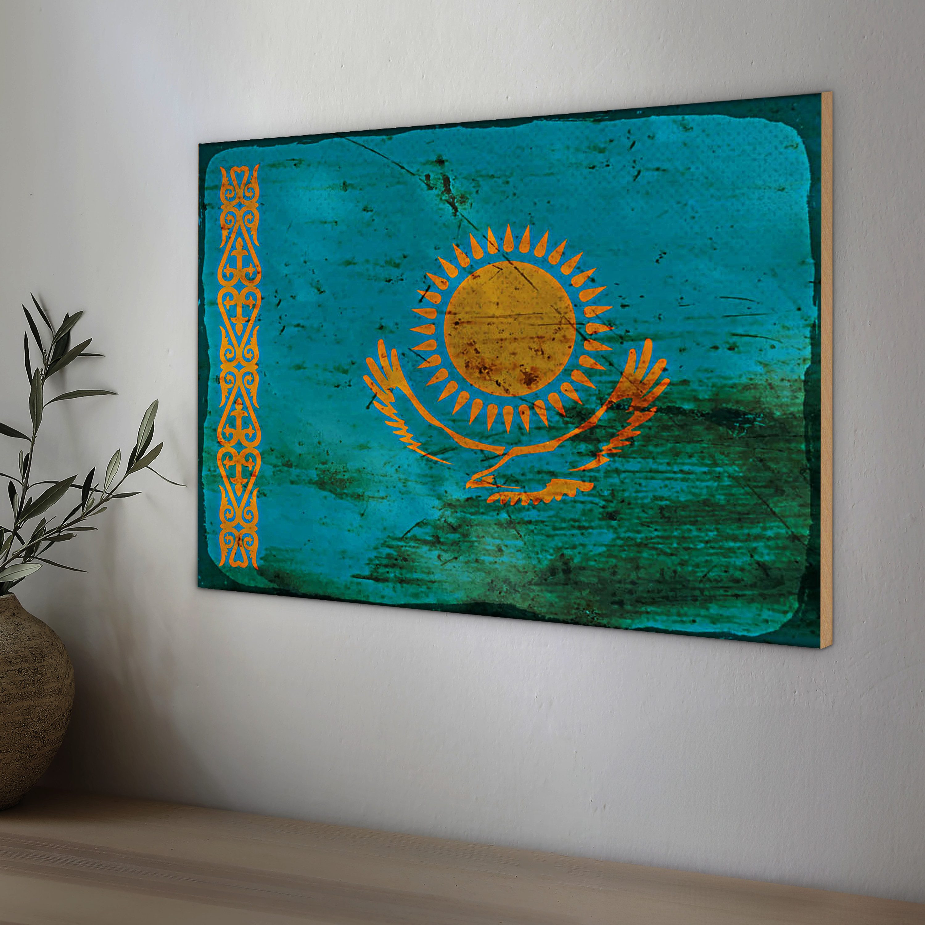 Roomando Holzbild Flagge Kasachstan 18x12cm Kazakhstan Rost