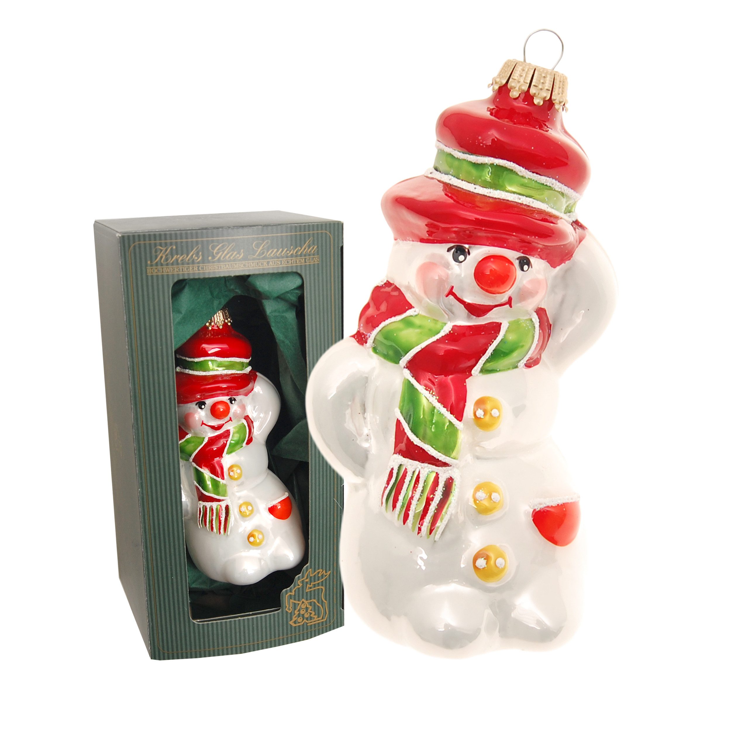 Krebs Glas Lauscha Christbaumschmuck Glasanhänger - Schneemann mit Hut - im Porzellan-Look - ca. 16cm, Dekoration für den Weihnachtsbaum - für frostige Festtagsstimmung