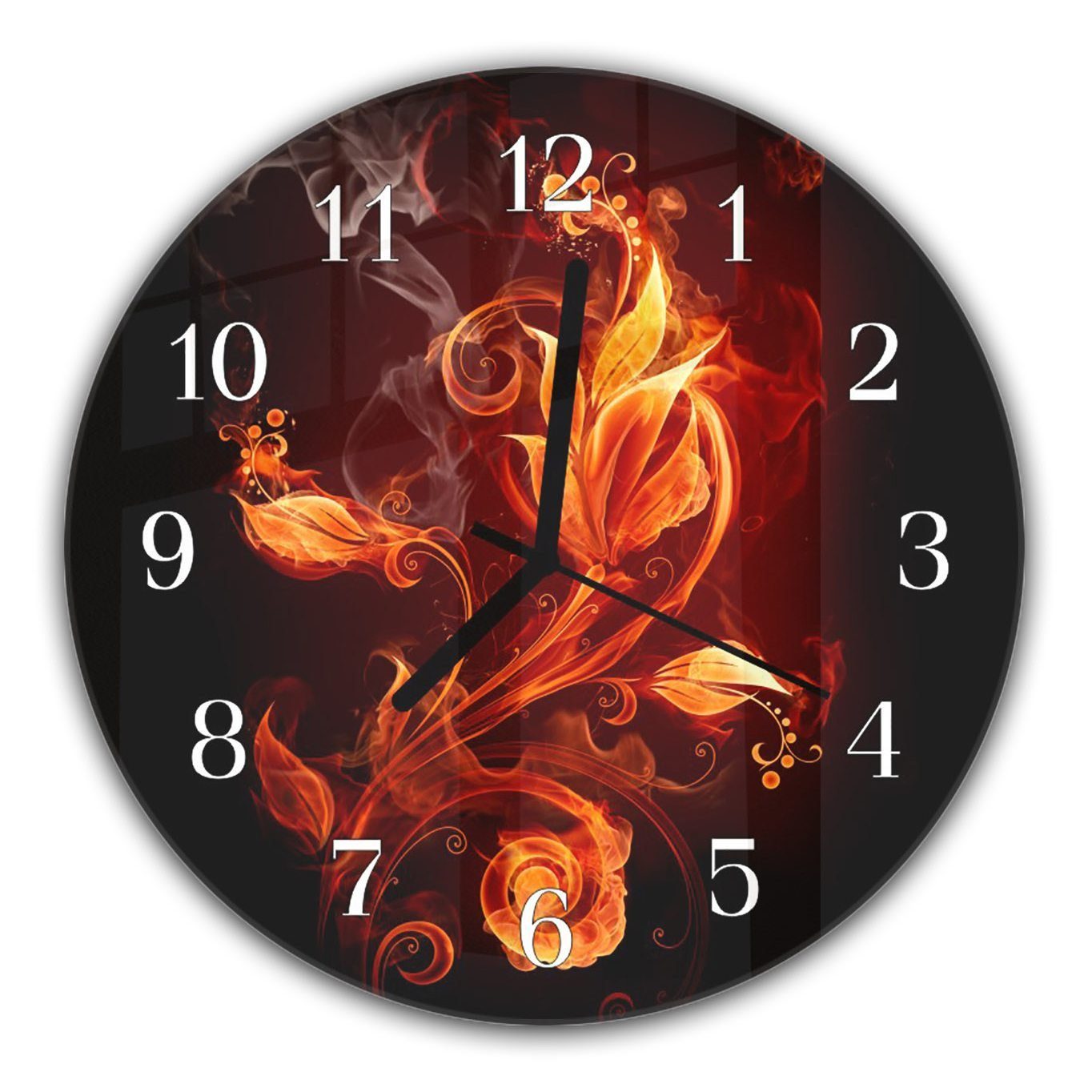 Primedeco Wanduhr Wanduhr aus Glas mit Motiv Feuerblume - Rund mit Durchmesser 30 cm und Quarzuhrwerk