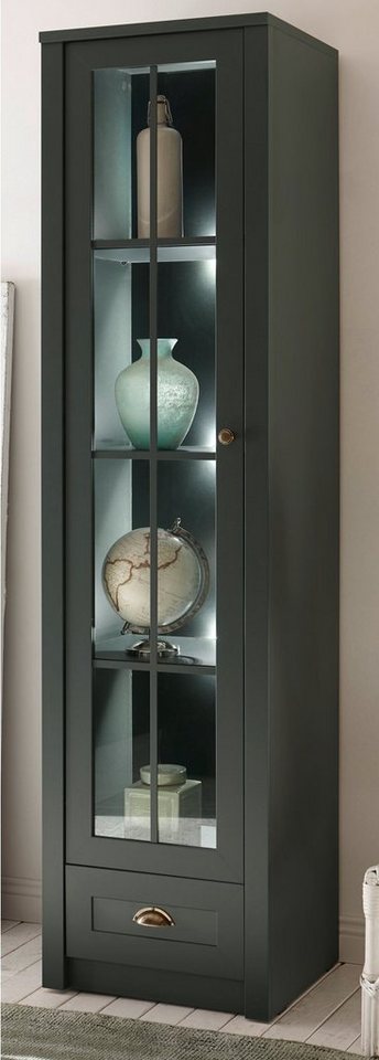 Furn.Design Standvitrine Forres (Vitrine in Landhaus grün, 50 x 197 cm) mit  viel Platz für Dekoration