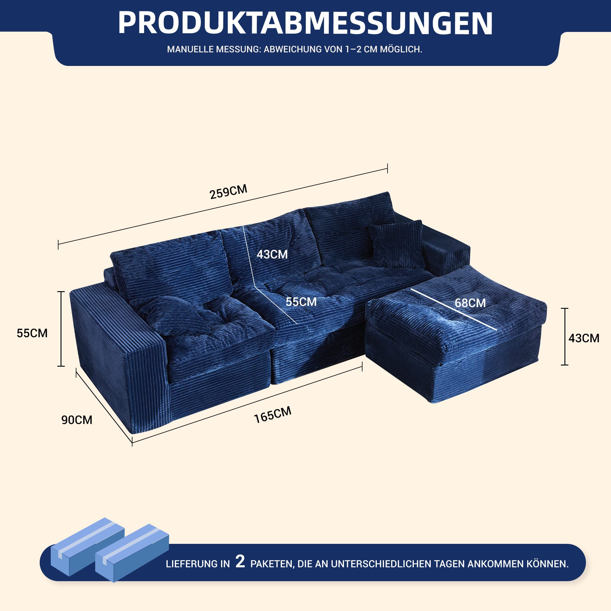 LITBIRD Ecksofa 3-Sitzer Sofa mit Marshmallow-Softpolster & Modulares Recamiere Sofa, 1 Teile, Cordstoff Schlafsofa & Relaxsofa, Wohnzimmer Sofa