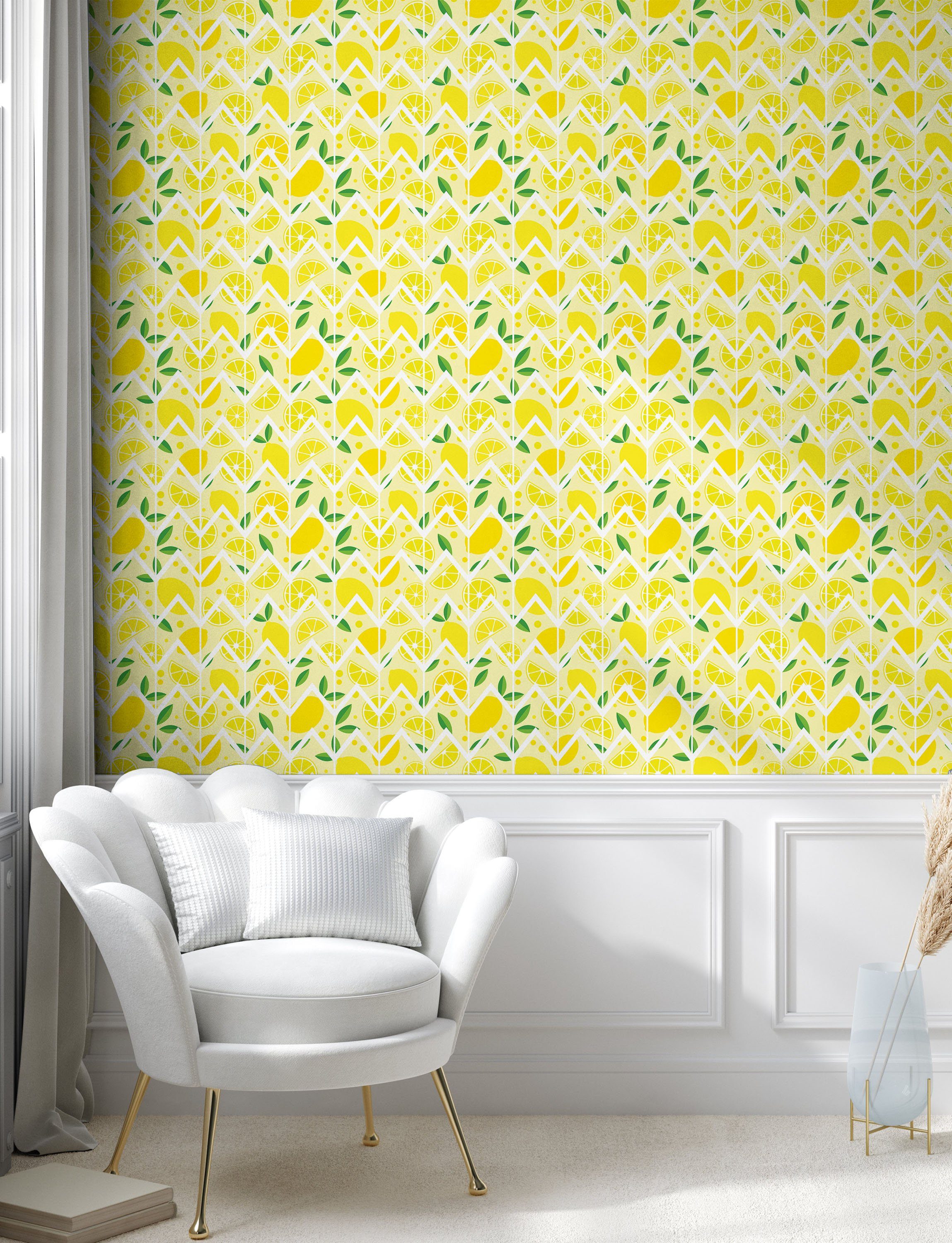 Wohnzimmer selbstklebendes Cartoon Abakuhaus Vinyltapete Zitronen Zitrone Küchenakzent, Zigzags
