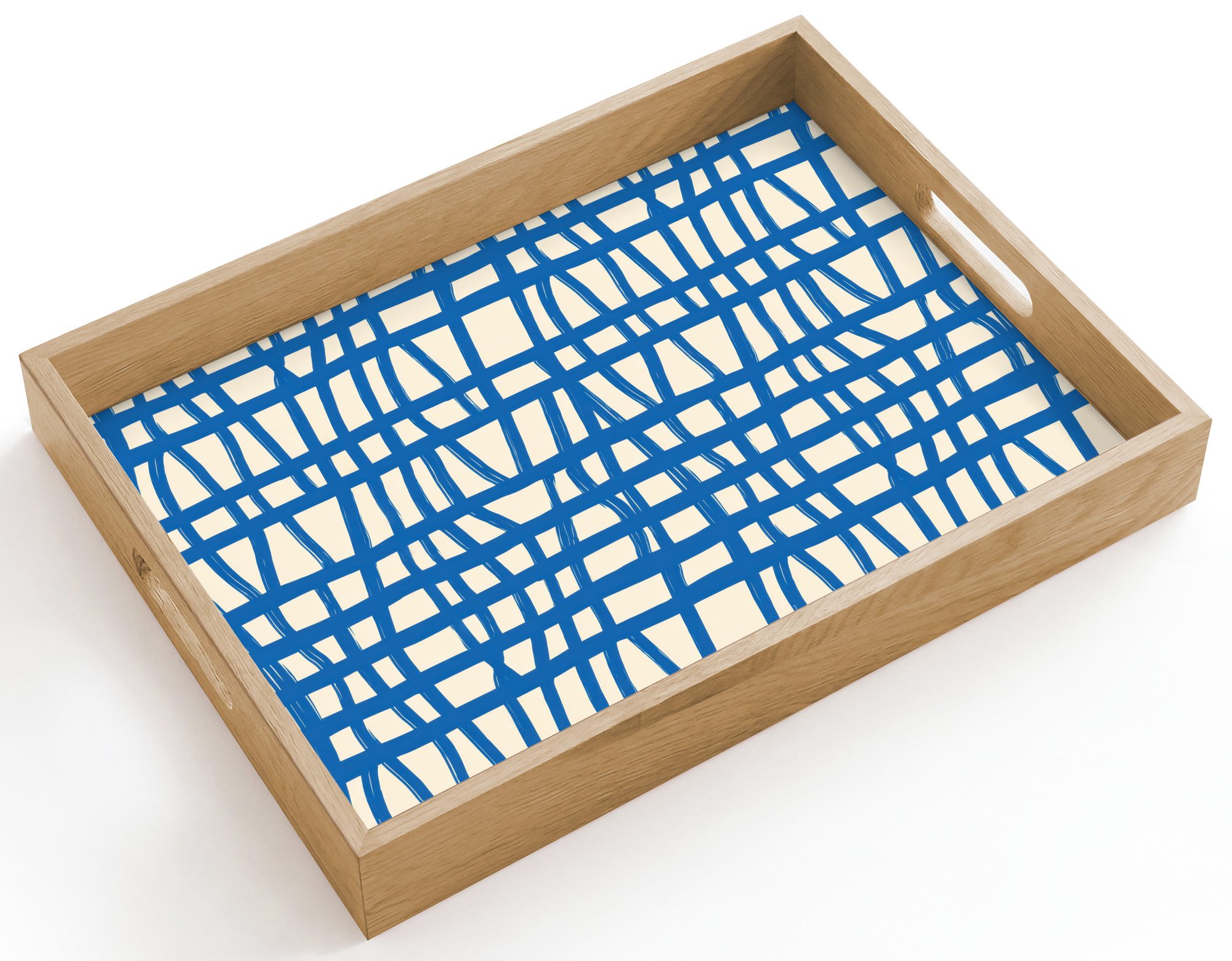 OnlyWow Tablett Rechteckig mit Henkel Karomuster - Blau - Creme, Eichenholz, (1-tlg), Siervierplatte, Tray, Frühstücksbrett