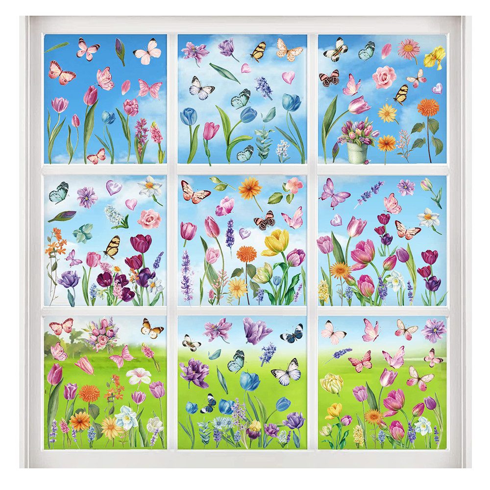 Agger Fensterbild 9 Frühlingsfensteraufkleber für Glas,Frühlingsdekoration für Kinder, Frühling Anti-Kollision Fensterfolie,selbsthaftend, für Klassenzimmer