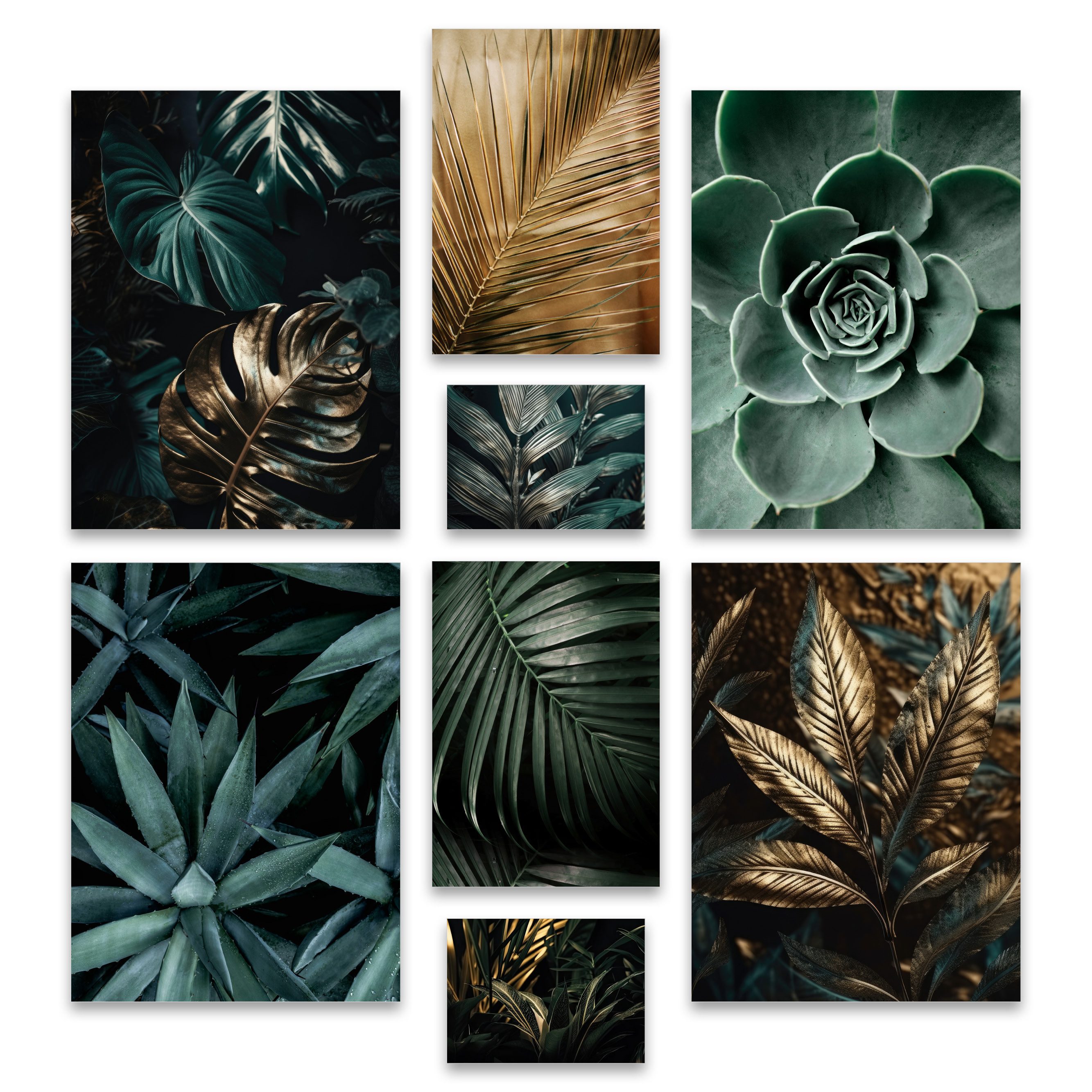 ARTFAVES Bilder-Collage Poster Set - GOLD PLANT HARMONY I Pflanzen Schwarz Gold Grün I Deko, (Wandbilder modern, 8 St), verschiedene Größen im Set