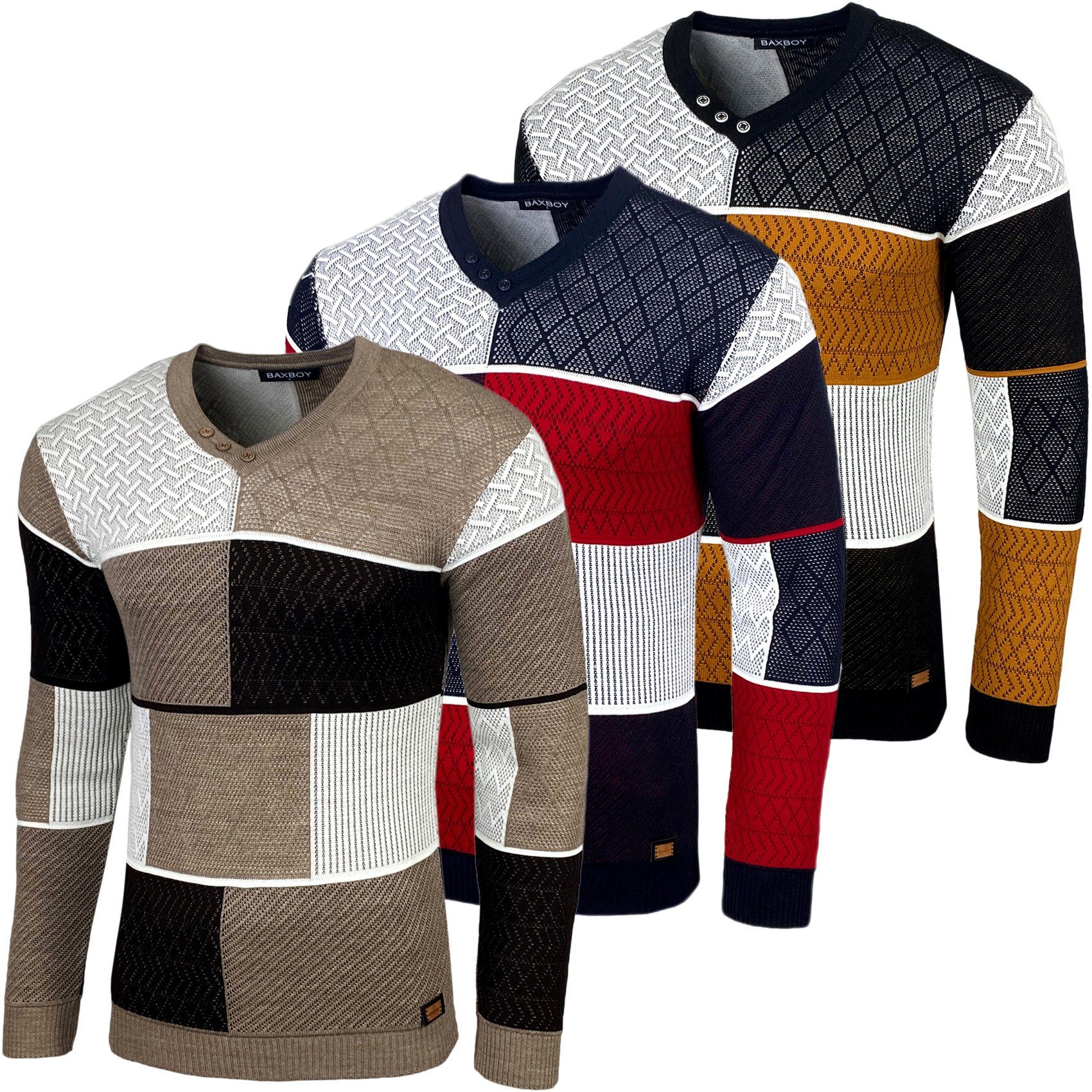 Strickpullover Baxboy Herren Pullover V-Neck Strick-Pullover Rundkragen BB-52301