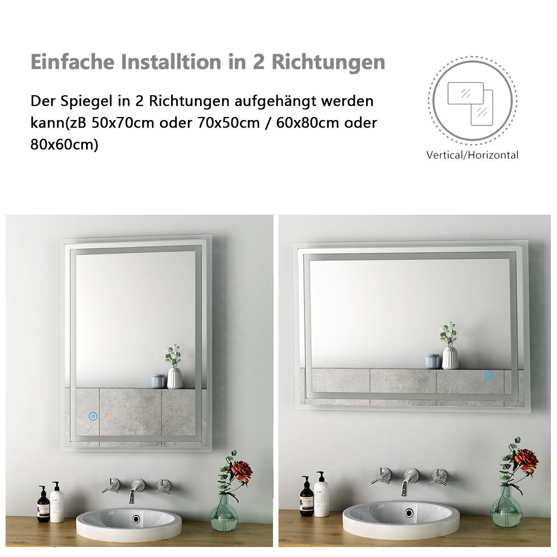 Rechteckiger Badspiegel Badspiegel Spiegel, Warmweiß,Energiesparend, Badezimmer LED S'AFIELINA 3000K Wandschalter Wandmontage,IP44