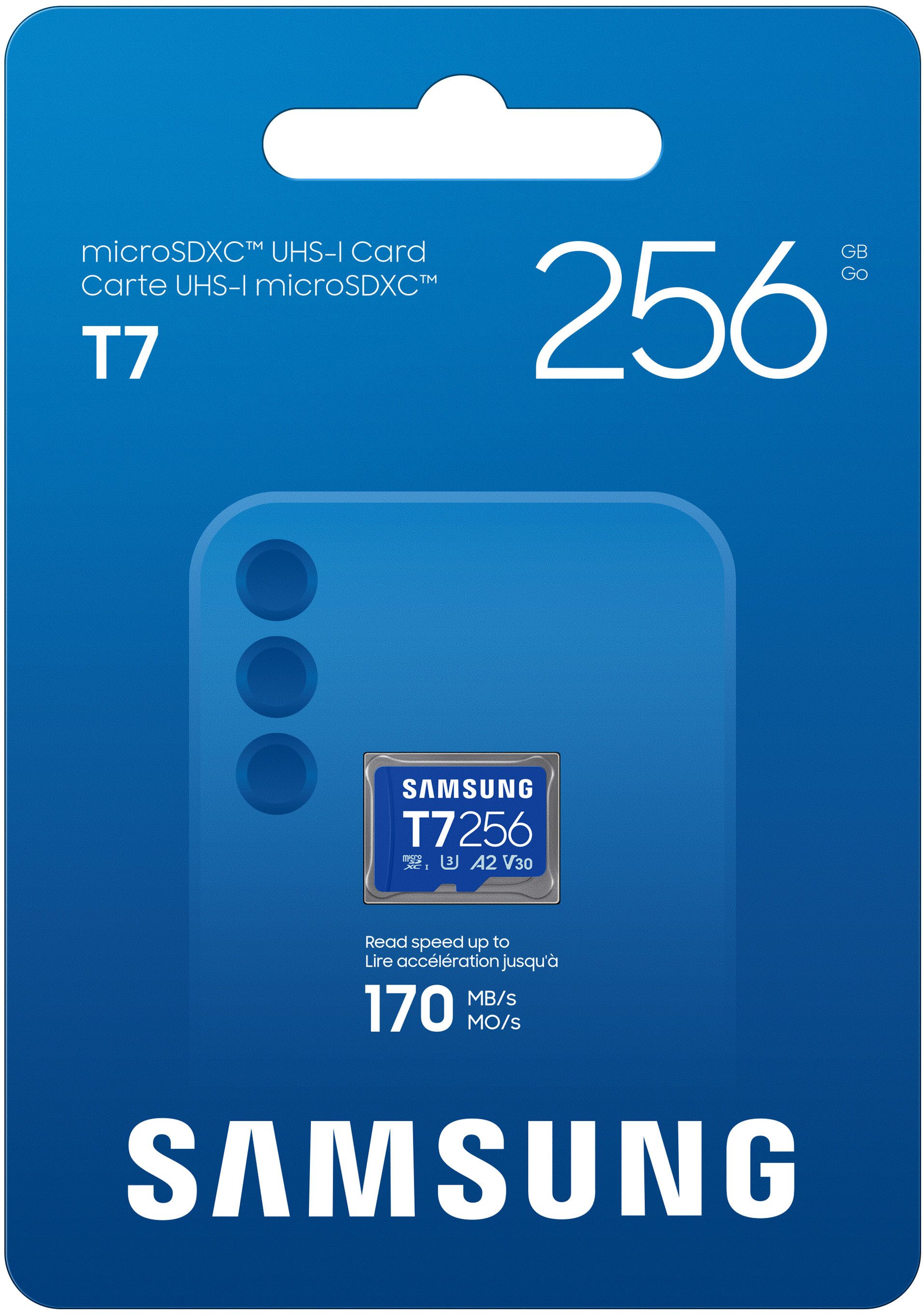 Samsung T7 Speicherkarte (256 GB, Video Speed Class 30 (V30), 170 MB/s Lesegeschwindigkeit)