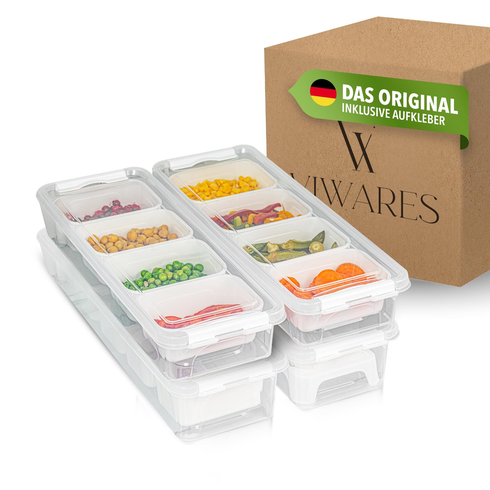 Viwares Küchenorganizer-Set Aufbewahrungsboxen 4er Set, mit variabler Trennung & Deckel, stapelbar, (Set, 4-tlg., mit Deckel & variabler Trennung), inkl. Eierfach ideal für Kühlschrank Gemüse, Obst & Küchenorganisation