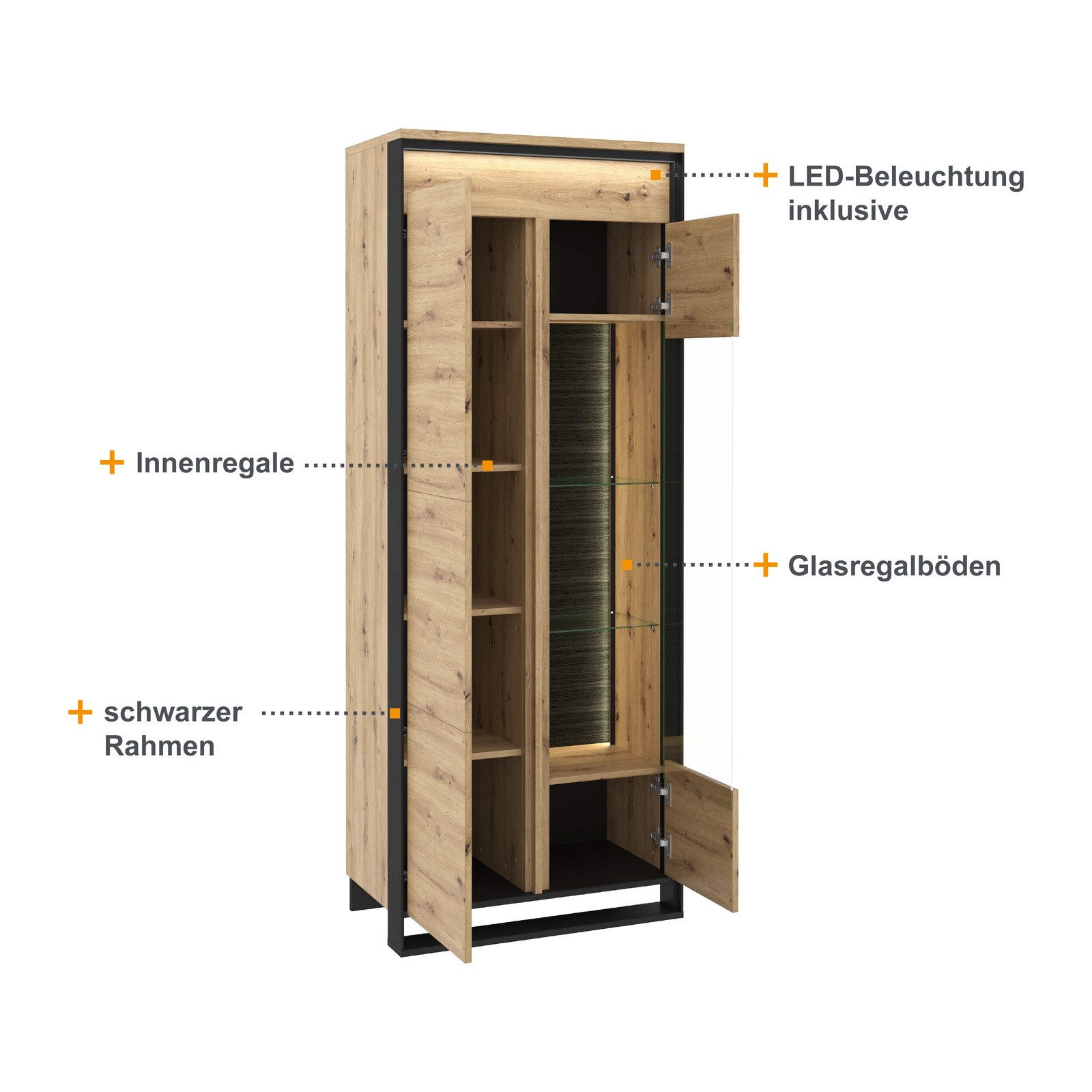 HAUSELEMENT Standvitrine QUANT QA-03 mit LED-Beleuchtung Vitrine Regalschrank 3 Türen Schrank Loft