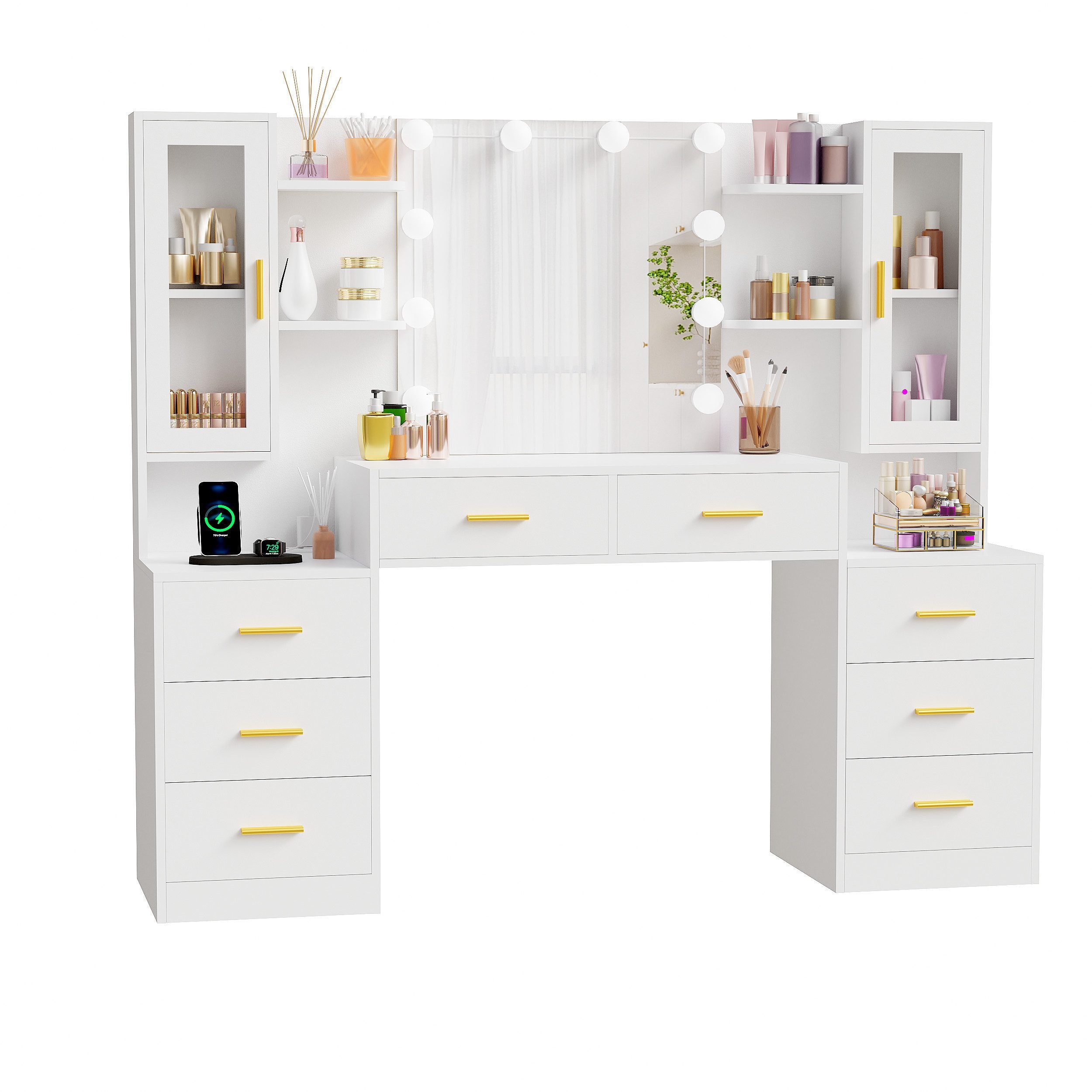 BEWISHOME Schminktisch 150x40x135 cm, 8 Schubladen, LED-Beleuchtung (1-St), mit Steckdose, USB-Anschlüssen & geräumigem Stauraum