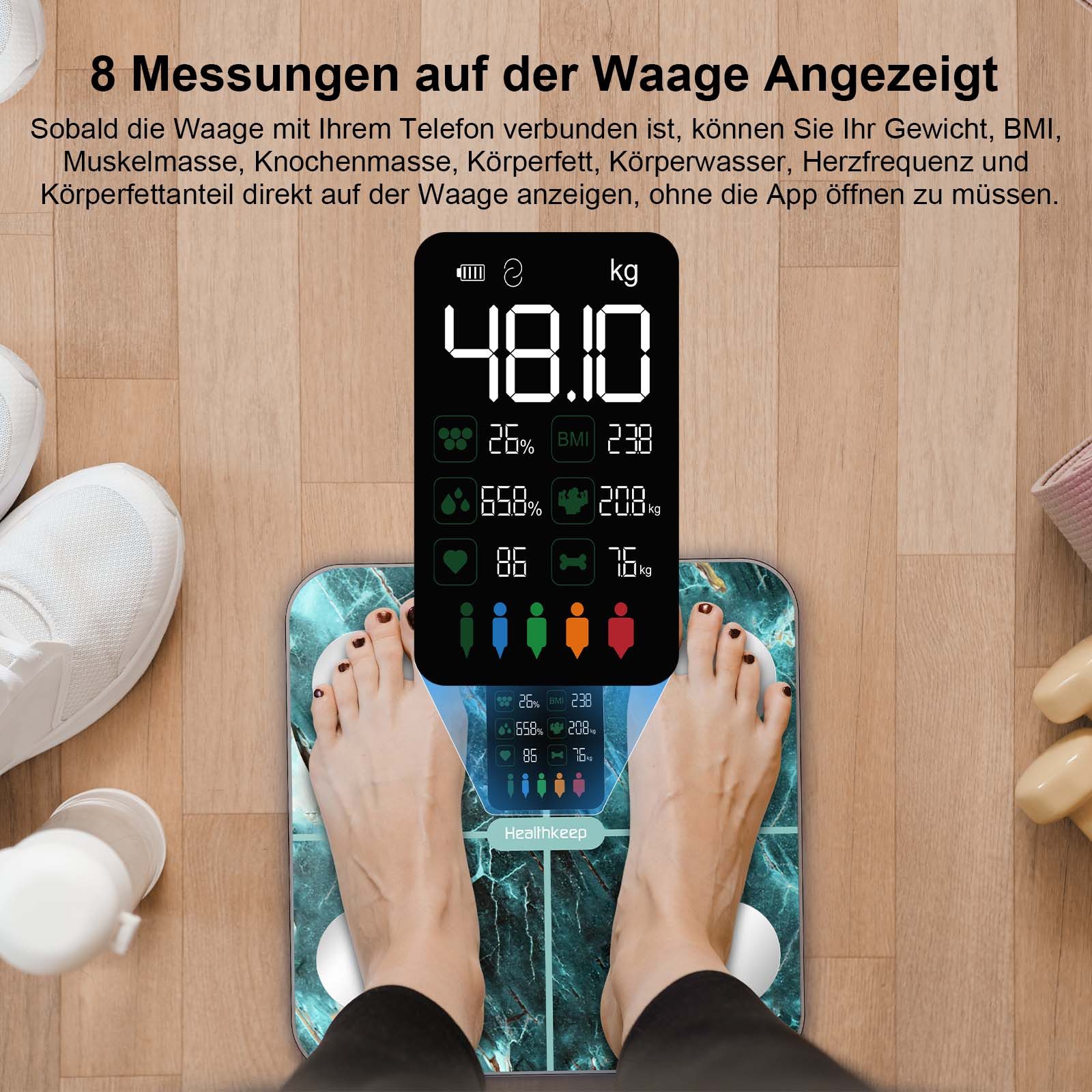 Healthkeep Körper-Analyse-Waage Intelligente Körperanalysewaage 15 Körperdaten mit großem VA-Display, Digitale Waage Impedanzmessung Bluetooth, App für Android und iOS Max. 180kg/400lb/28st