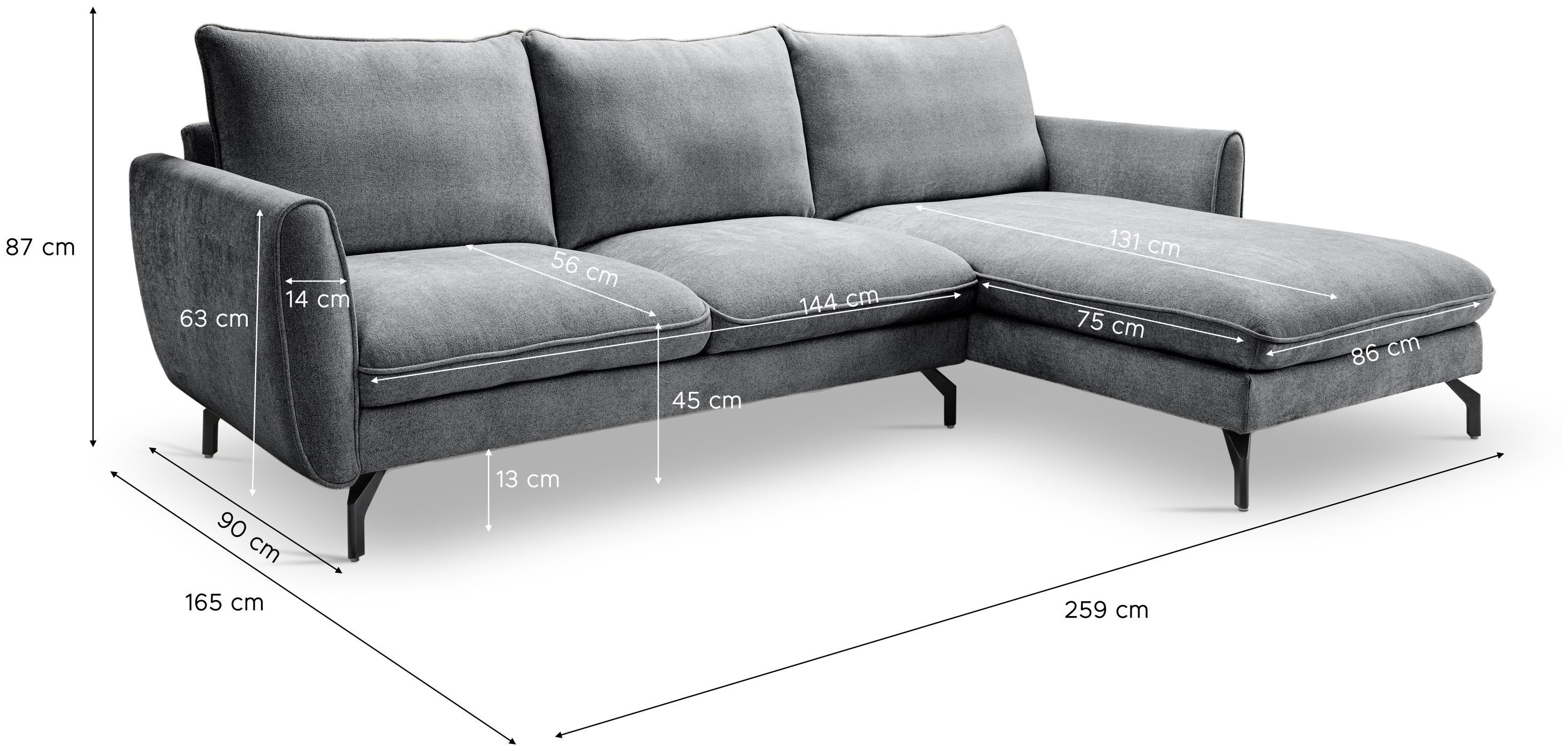 xonox.home Ecksofa, in L-Form Recamiere rechts aus Webstoff in grau B/H/T: 259x87x165cm