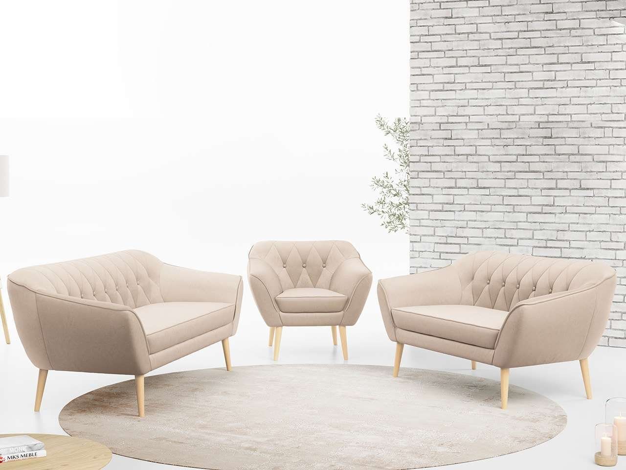 MKS MÖBEL Sofa PIRS 3 2 1, Moderne Sofa Set, Skandinavische Deko Beige Casablanca