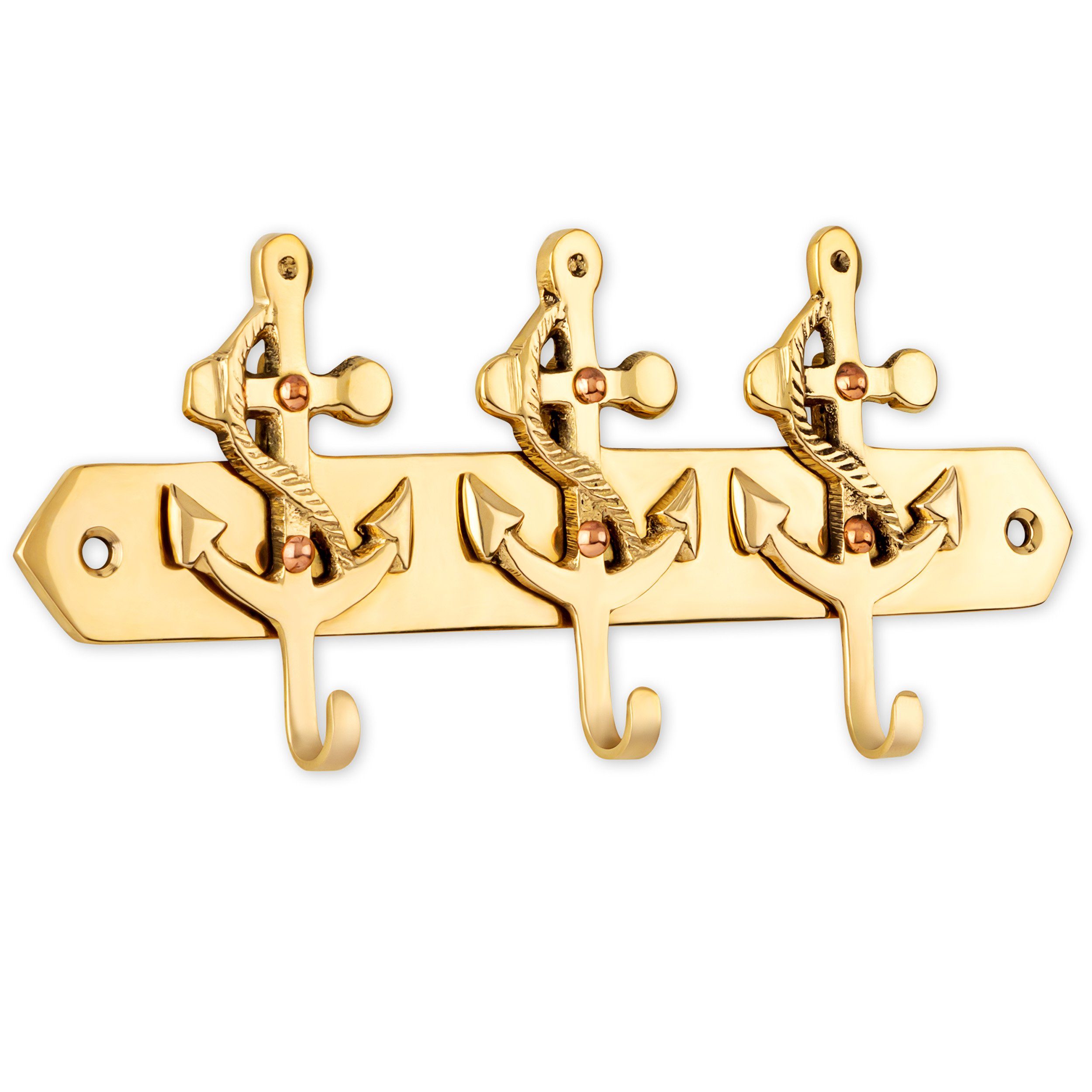 cm NKlaus x 16 gold 3-fach 7 Dekofigur Messing Germany Schlüss, Schlüsselhaken in aus Anker Maritim Made