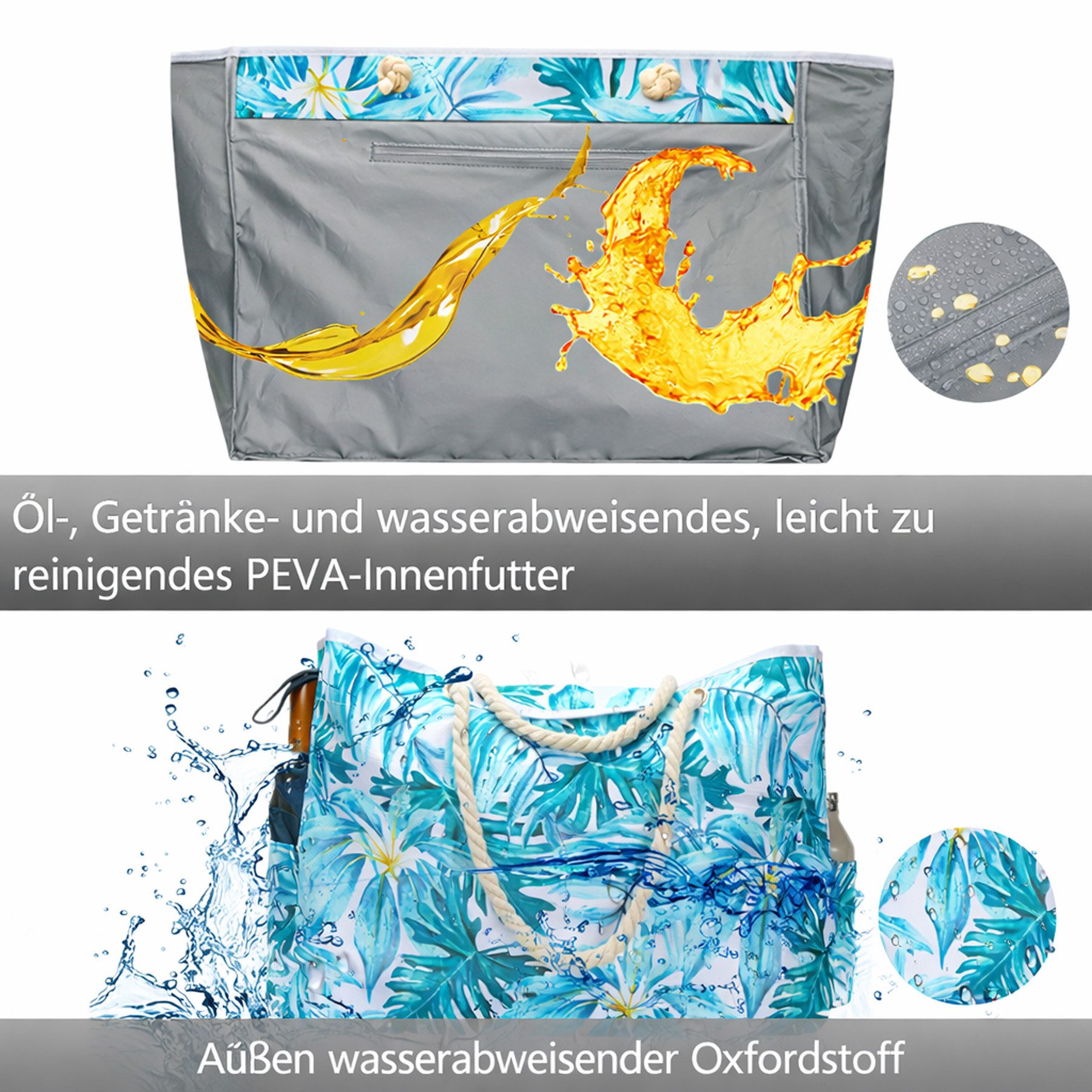 Mutig Strandtasche Große Strandtasche mit Reißverschluss, wasserdicht & sanddicht (Damen Umhängetasche / Tragetasche / Shopper, itness- & Reisetasche für Strand, Pool), Urlaub & Reisen, Familie