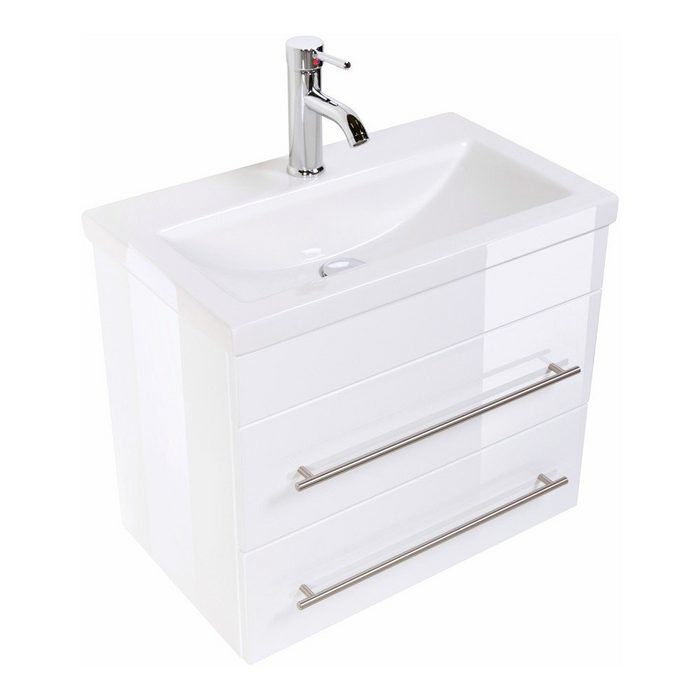 Posseik Möbel Waschtisch-Set Waschtisch mit Waschtschunterschrank 60 cm Portus in Weiß Hochglanz