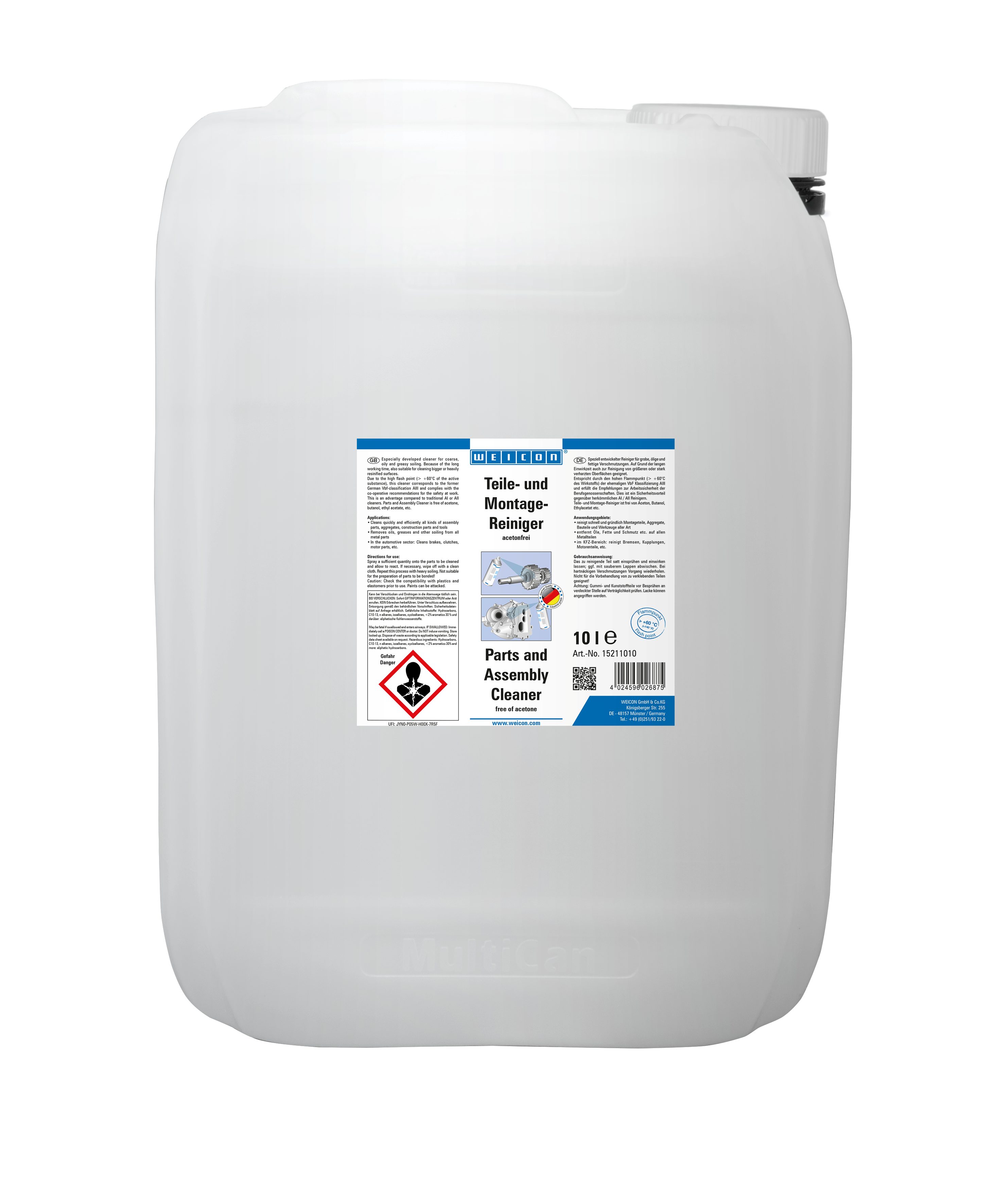 WEICON Teile- und Montagereiniger, Spezialreiniger mit hohem Flammpunkt Flüssigreiniger (Kanister, [- Kanister hoher Flammpunkt (60°C)
