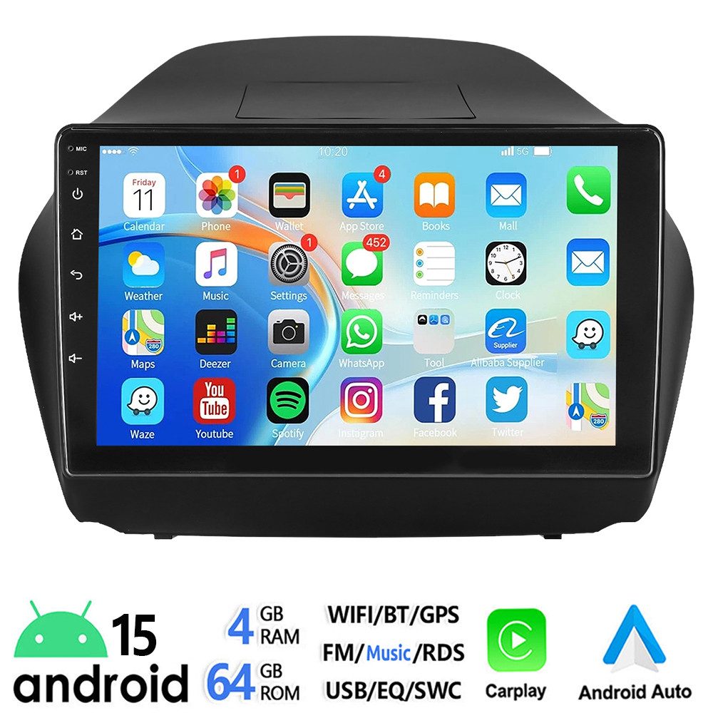 ESSGOO DAB+ 10'' Android 15 Für Hyundai iX35 10-15 Carplay Bluetooth GPS WiFi Autoradio (RDS, 4+64GB(optional), FM, AM, DAB+ (optional), Apple Carplay Android Auto GPS Navi WIFI BT EQ)