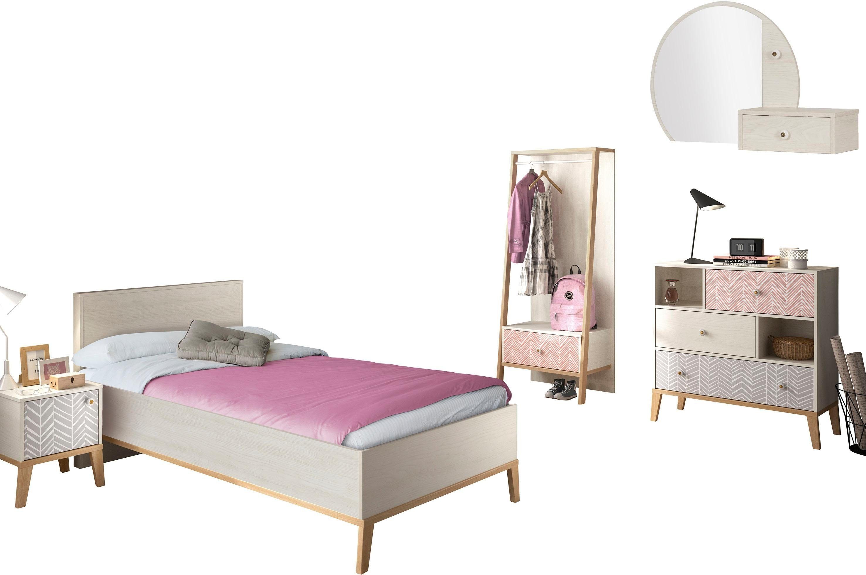 Gami Jugendzimmer-Set Spiegel) Kommode und Bett, mit Alika, Aufsatz Kleiderständer, 5-St., Nachttisch, (Set