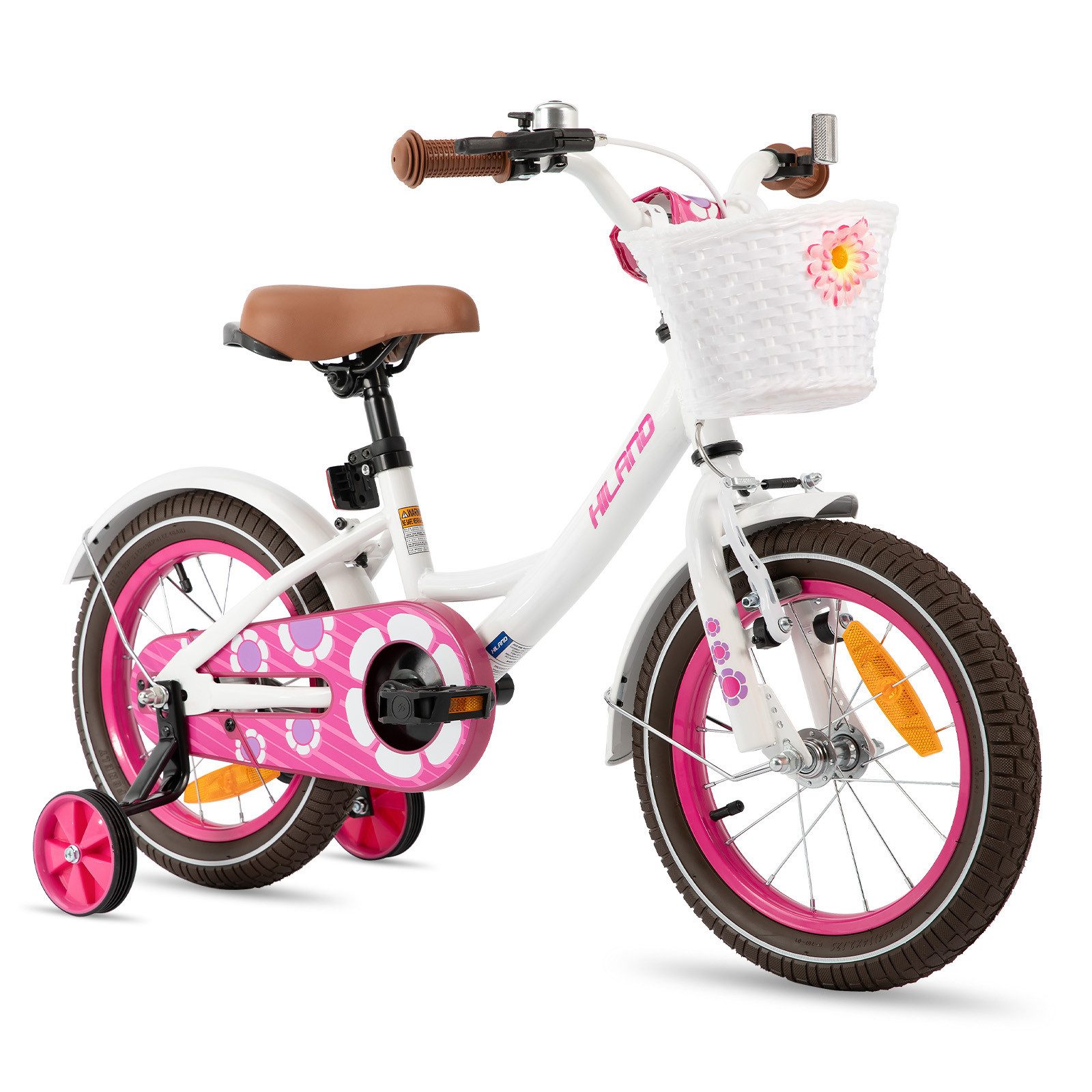 HILAND Kinderfahrrad Petal 12/14/16 Zoll Mädchenfahrrad, Kinderfahrrad für Mädchen, mit Korb und Stützrädern, Kotflügel, Hilfsrad, Fahrradklingel