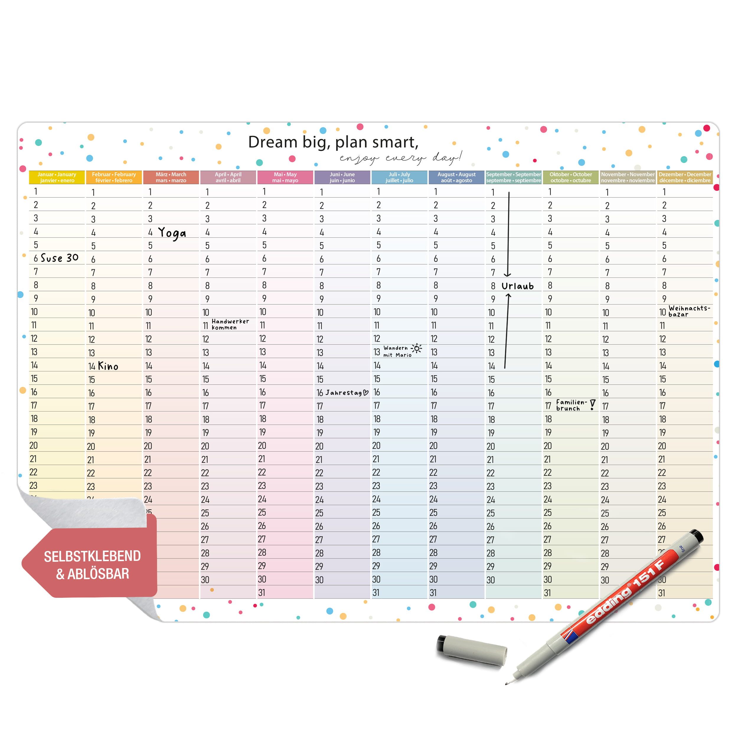 TOBJA ewige Kalender Jahresplaner immerwährend selbstklebend abwischbar A3 inkl. Stift, selbstklebend & ablösbar, abwischbar, immerwährend, inkl. Stift