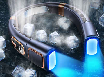 autolock Wandventilator Nackenventilator,360° Wiederaufladbarer Hals Ventilator USB Tragbare, Halsventilator mit Licht 5 Geschwindigkeiten Halsventilator