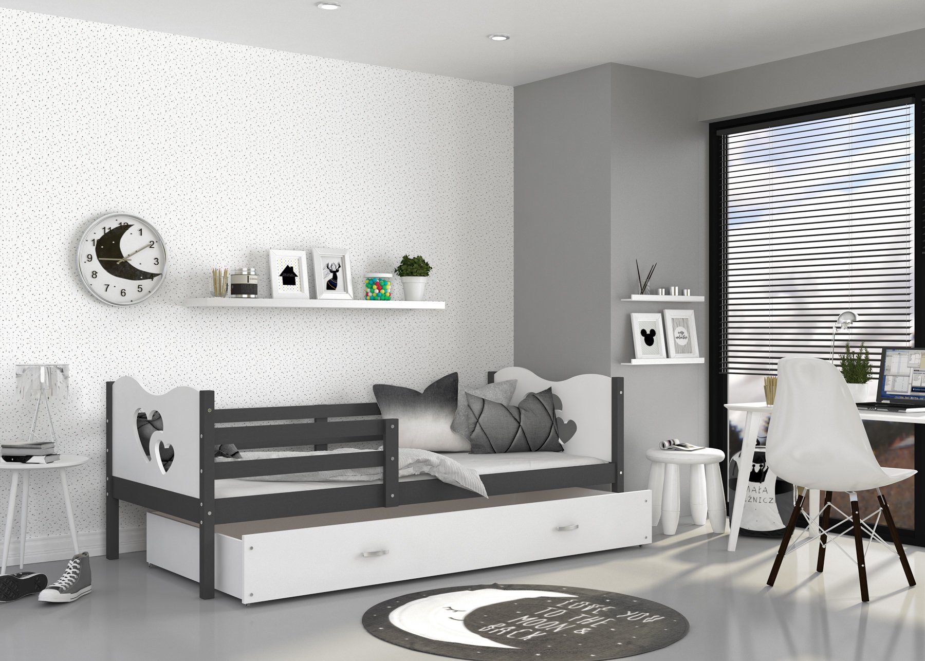 Siblo Einzelbett Lori P (Flexibler Lattenrost, Schublade, Sicherheitsbarriere), Möbelplatte Grau und Weiß