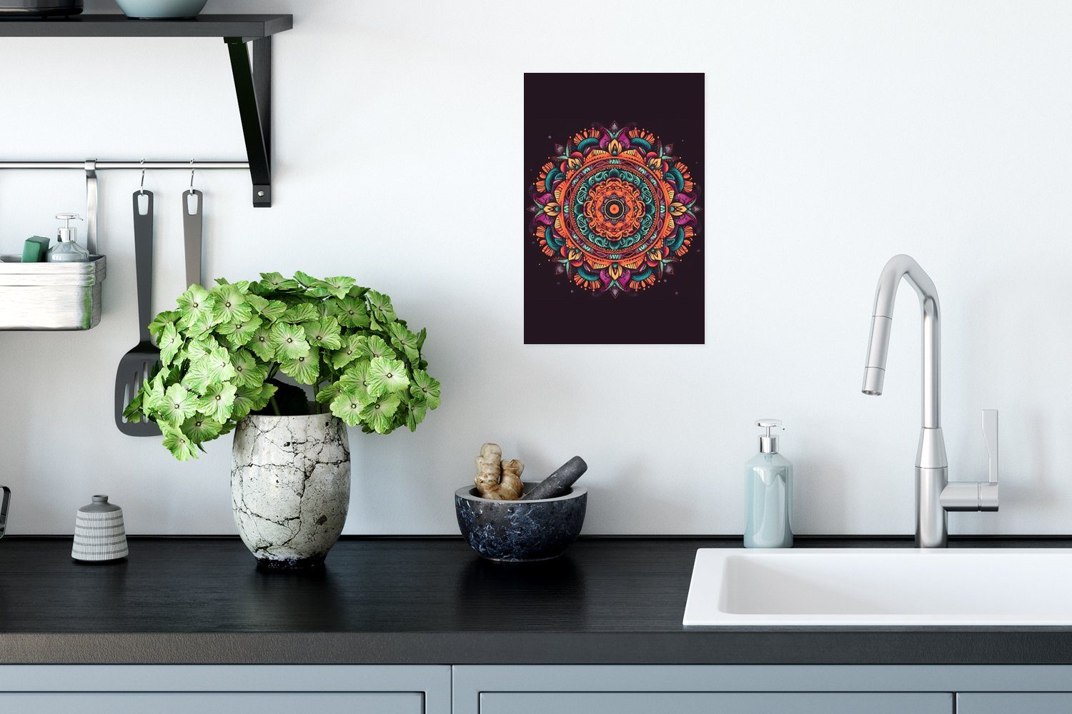 Boho - Blumen Poster, Ohne St), Wandbild, - Wandposter Hippie (1 Orange, - für Wohnzimmer, MuchoWow - Mandala Rahmen Poster