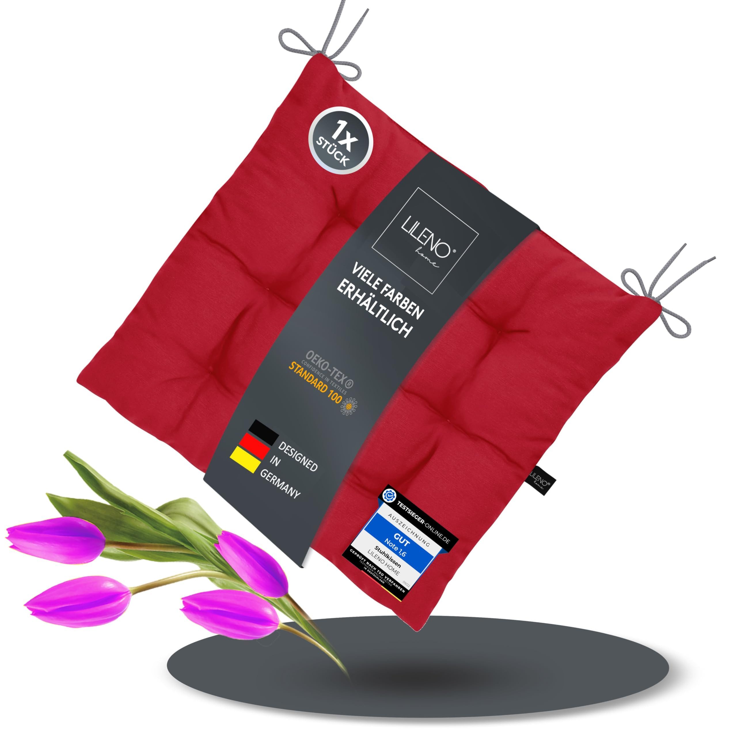 LILENO HOME Stuhlkissen Sitzkissen für Gartenstuhl, Küchenstuhl oder Esszimmerstuhl 40x40x6 cm, Bequeme Indoor u. Outdoor Stuhlauflage als Stuhl Kissen Weinrot