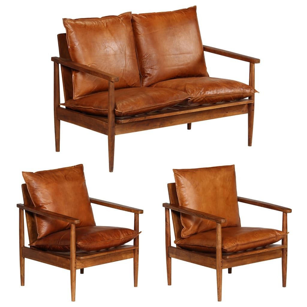 vidaXL Sofa 3-tlg. Sofagarnitur Echtleder mit Massivholz Braun