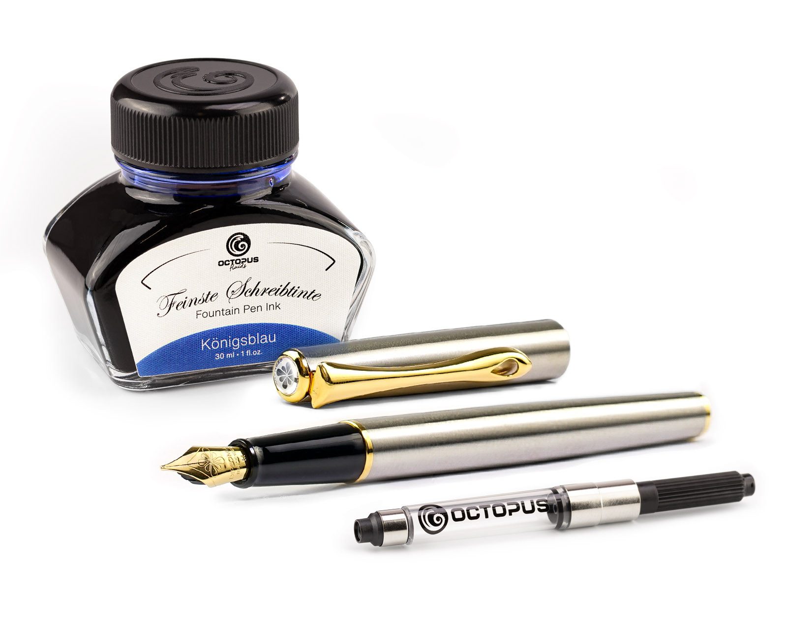 OCTOPUS Füllhalter Traveller Edelstahl vergoldet mit Schreibtinte und Konverter