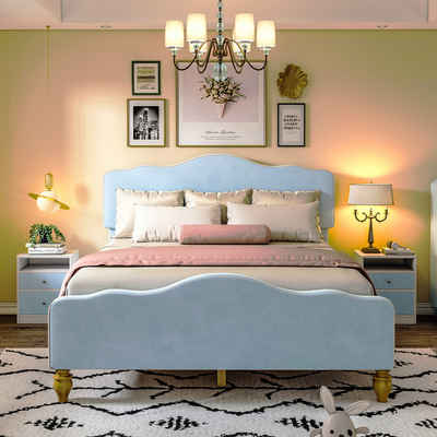 yozhiqu Polsterbett Samtgepolstertes Bett (140x200 cm) + zwei Nachttische (Ohne Matratze), Schlafzimmermöbel-Set, modernes Design-Polsterbett