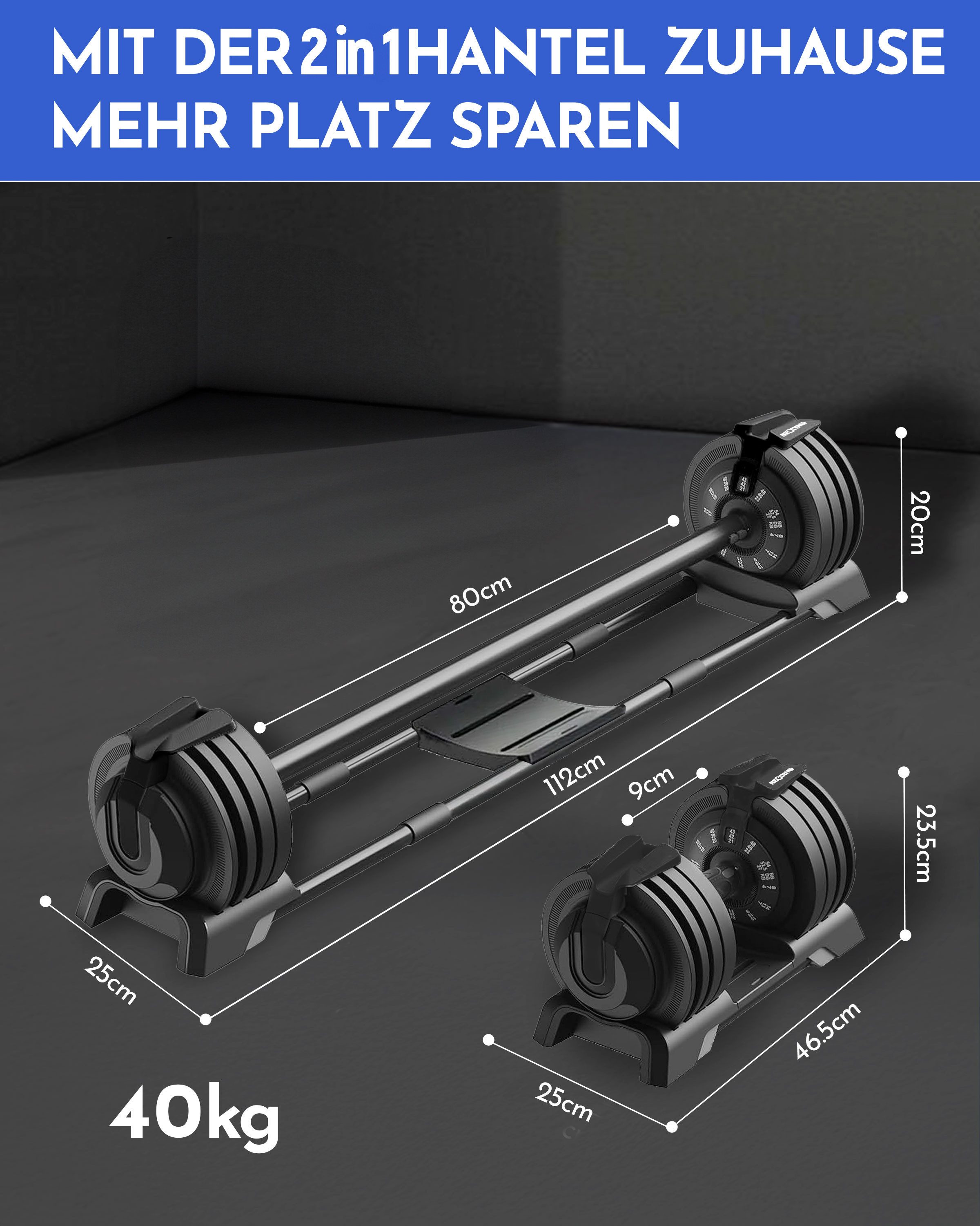 NEOLYMP Kurzhantel Hanteln verstellbar 2-40kg- 8-12 Gewichtsstufen mit Drehgriff-Dumbbell, (Set, Ergonomisch, rutschfest und platzsparend - Hanteln verstellbar)