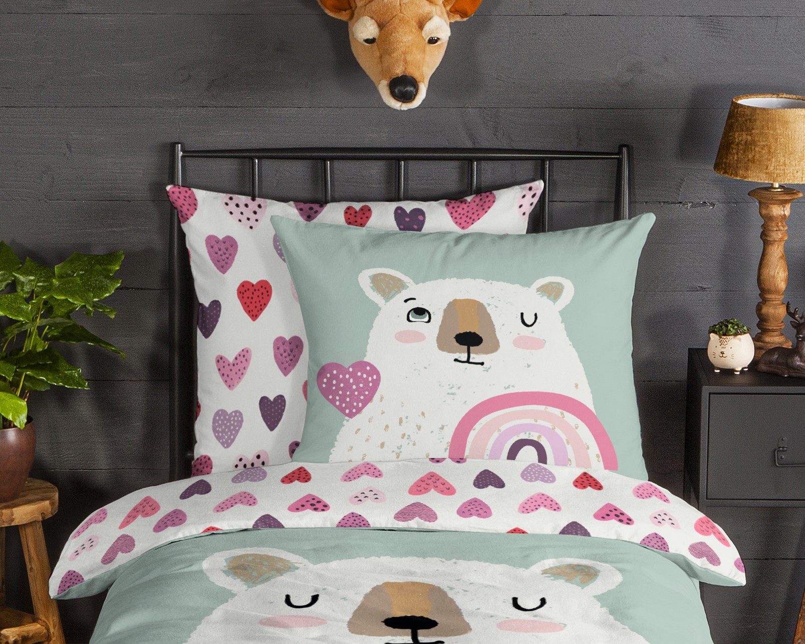 good morning Kinderbettwäsche Ted, Biber, Flanell, 2 teilig, Flanell, Biber, 135x200, Warm, Wende, Kind, Bär, Eisbär, minzgrün