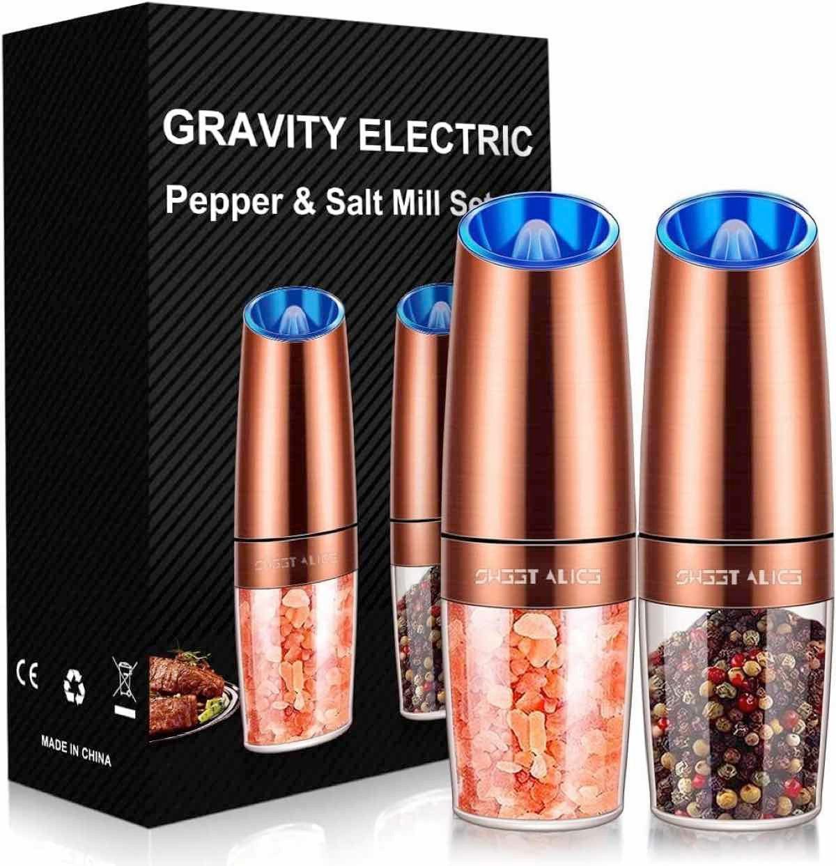 Sweet Alice Gewürzmühle Salz und Pfeffermühle Elektrisch LED Beleuchtung, Stufenloser Mahlgrad Batterie betrieben, (2 Stück), Salzmühle und Pfeffermühle Set